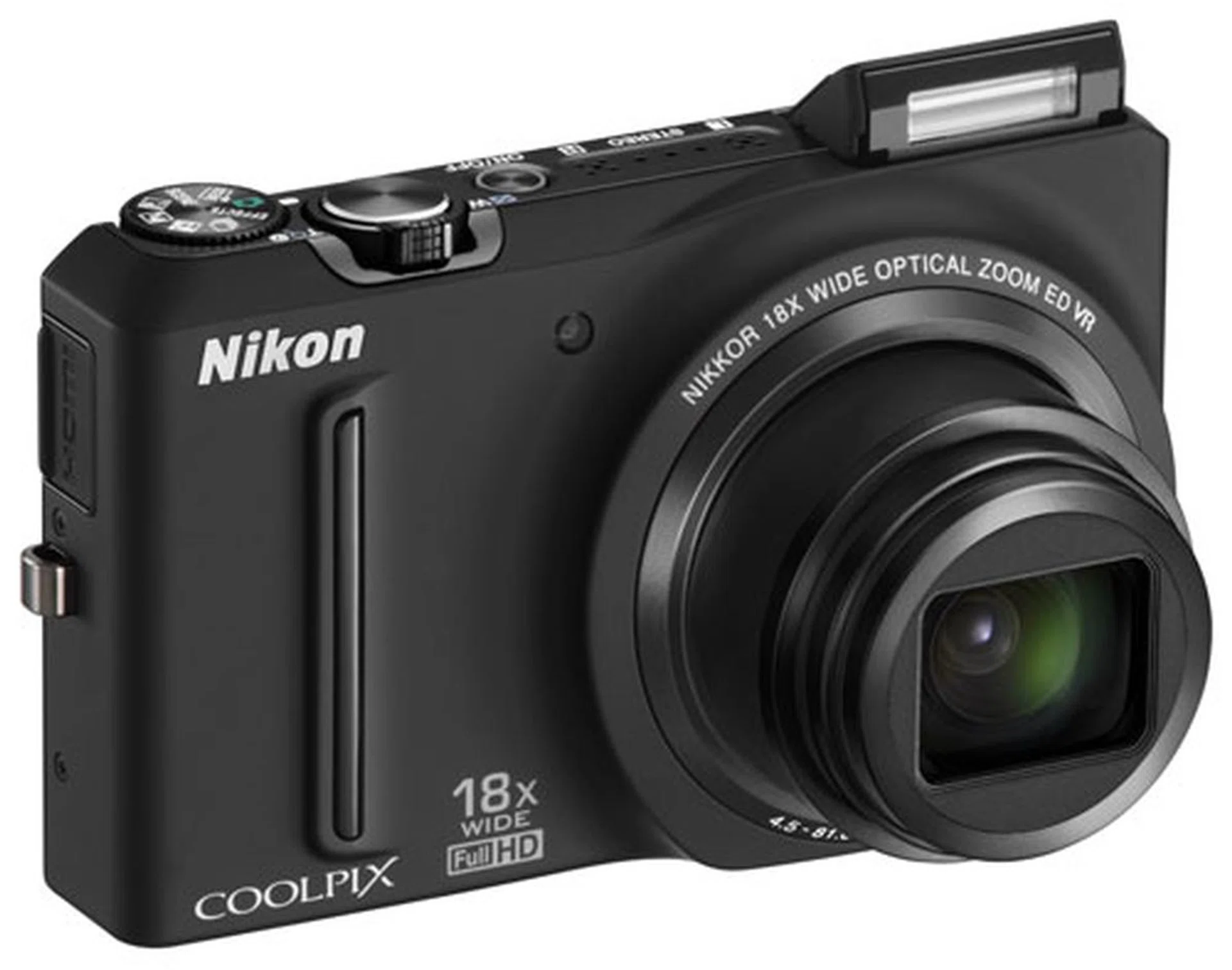 Here's another angle of the S9100, this time in black and with the built-in flash raised.