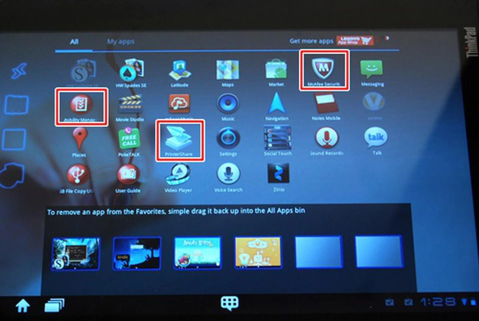 You can find some business friendly apps preloaded on the Lenovo ThinkPad Tablet. The Mobility Manager app enables IT departments control over the tablet, allowing them to remotely wipe date and encrypt data to guard against unauthorized access of sensitive information.