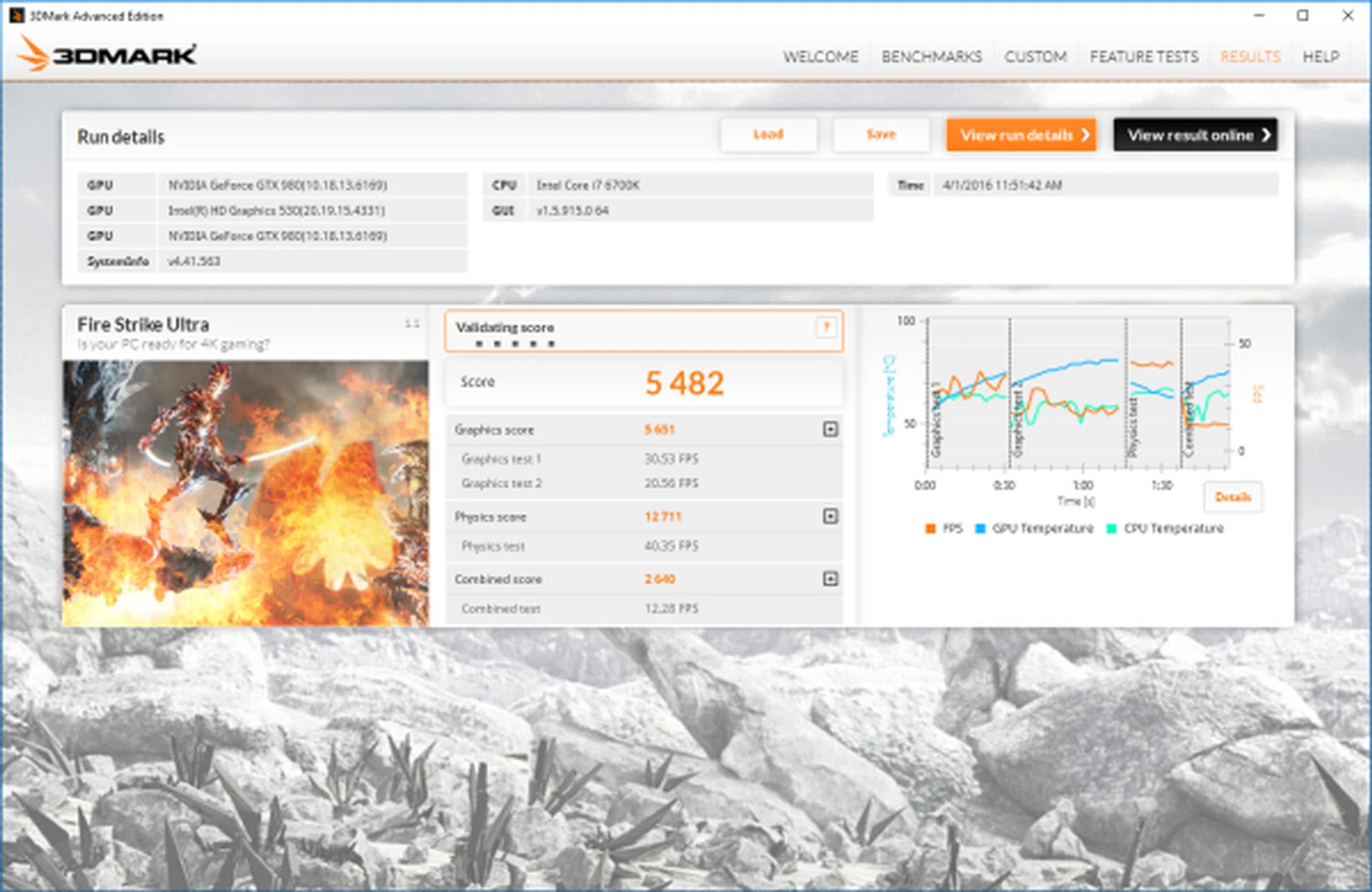 We also ran 3DMark's Fire Strike Ultra, where the Vortex scored a massive 5,482. Not surprising considering there are two NVIDIA GeForce GTX 980 graphics cards in SLI.