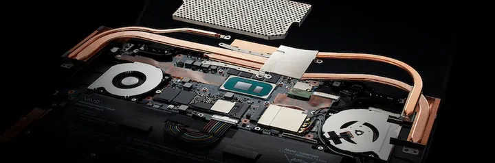 The Vaio Z's internals, showing the fan, heat pipes and other electrical components.