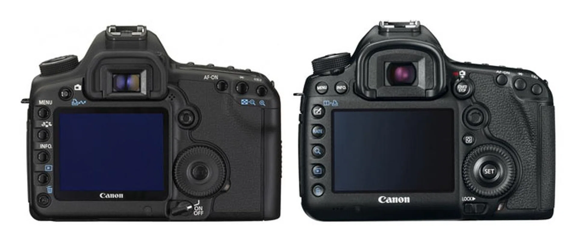 The 5D Mark II (left) and the Mark III (right). Image not to scale.