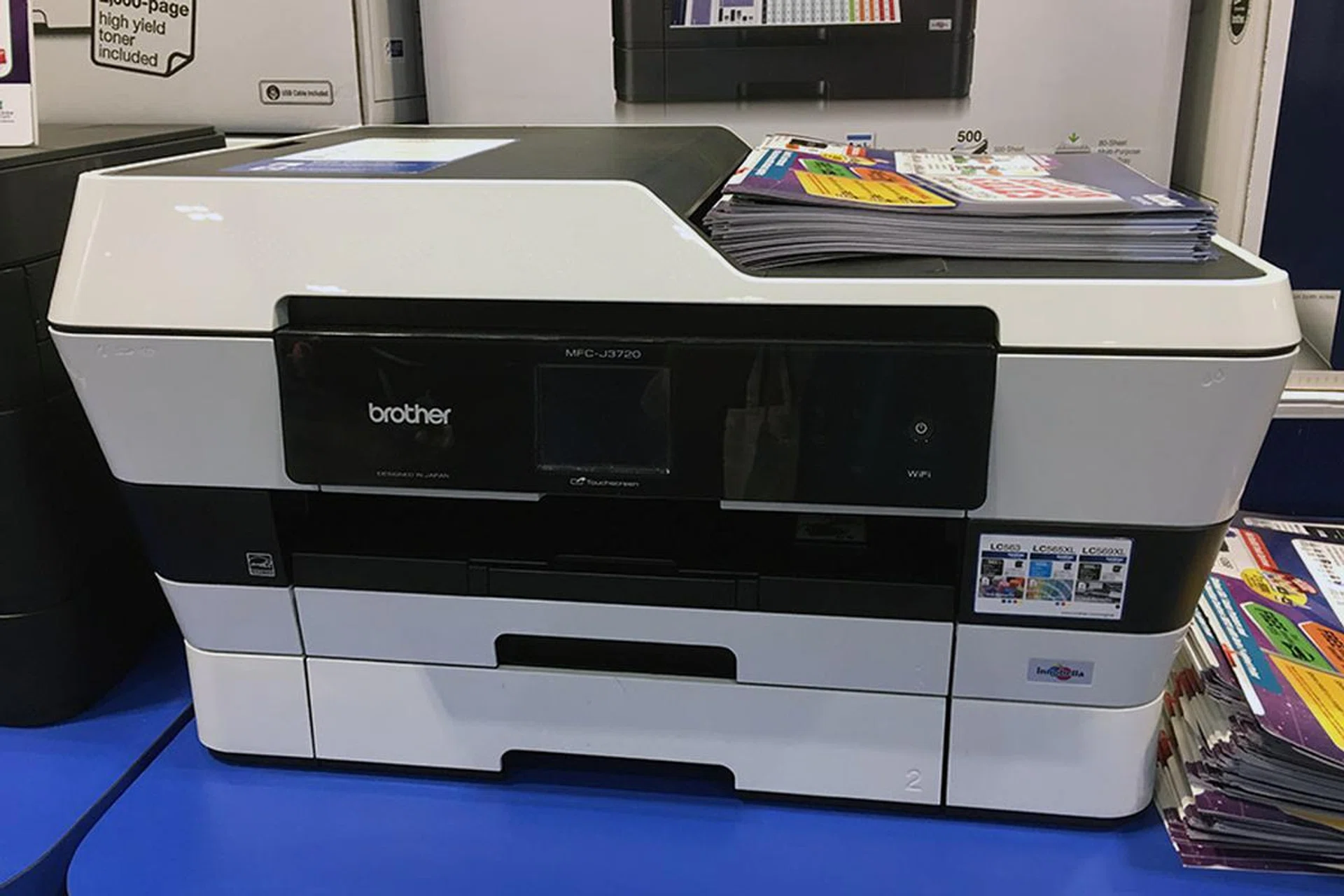 The Brother MFC-J3720 is an A3 AIO printer (print, scan, copy, fax) with a 35-sheet ADF that supports up to A3 size. It supports wired and wireless networking and comes with 2 years of on-site warranty. Going for $518, and you get free $50 shopping voucher and $15 taxi voucher.
