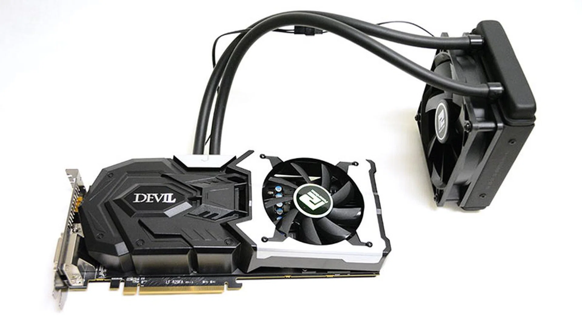 The card combines air- and water-cooling for a hybrid cooling solution.