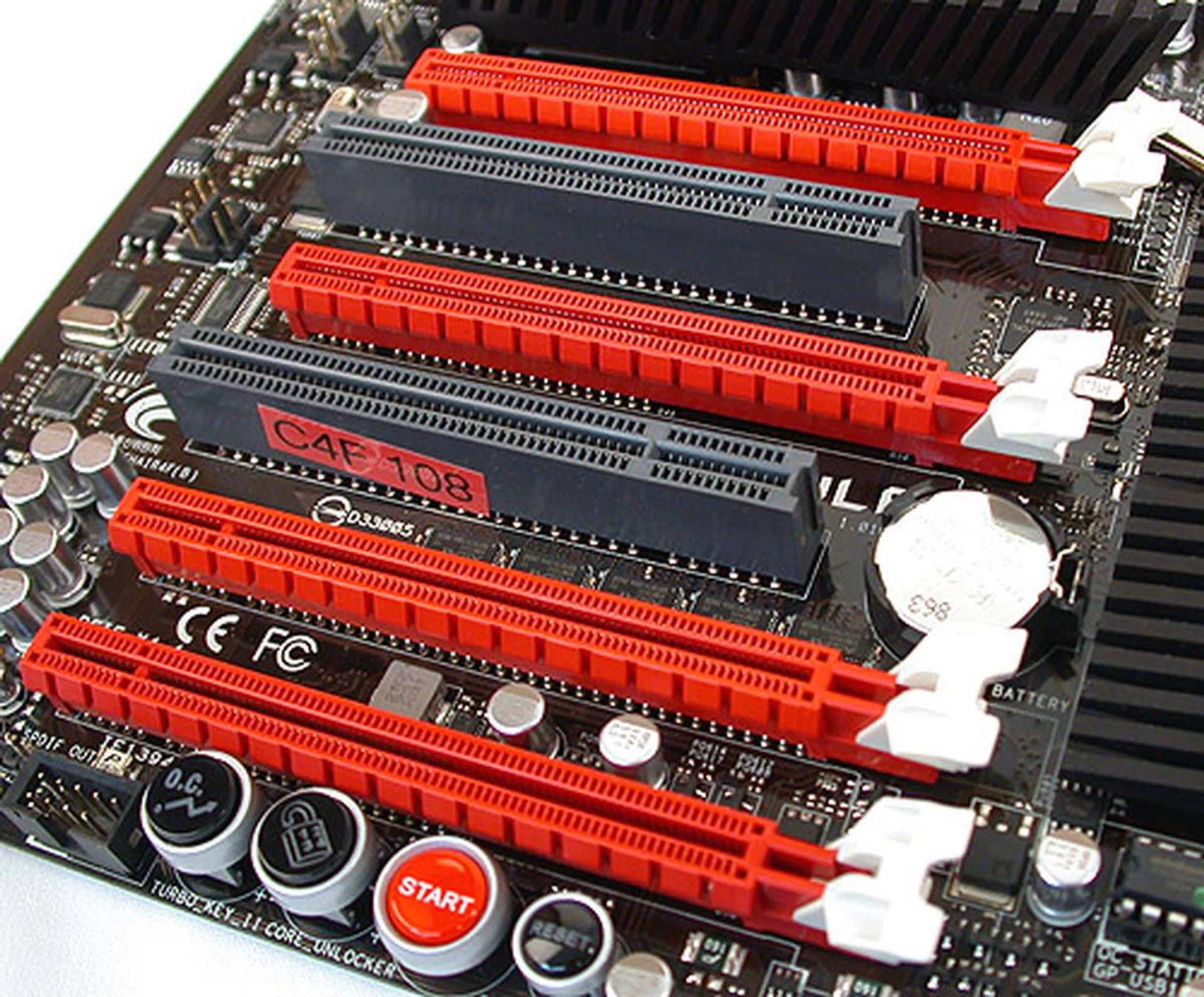 The Crosshair IV Formula comes with three PCIe 2.0 x16 slots (dual x16 or x16/x8/x8) for 3-way CrossFireX. The last slot is a PCIe 2.0 x4 and there are two PCI slots, all of which becomes unusable if you opt for three dual-slot graphics cards in tandem.
