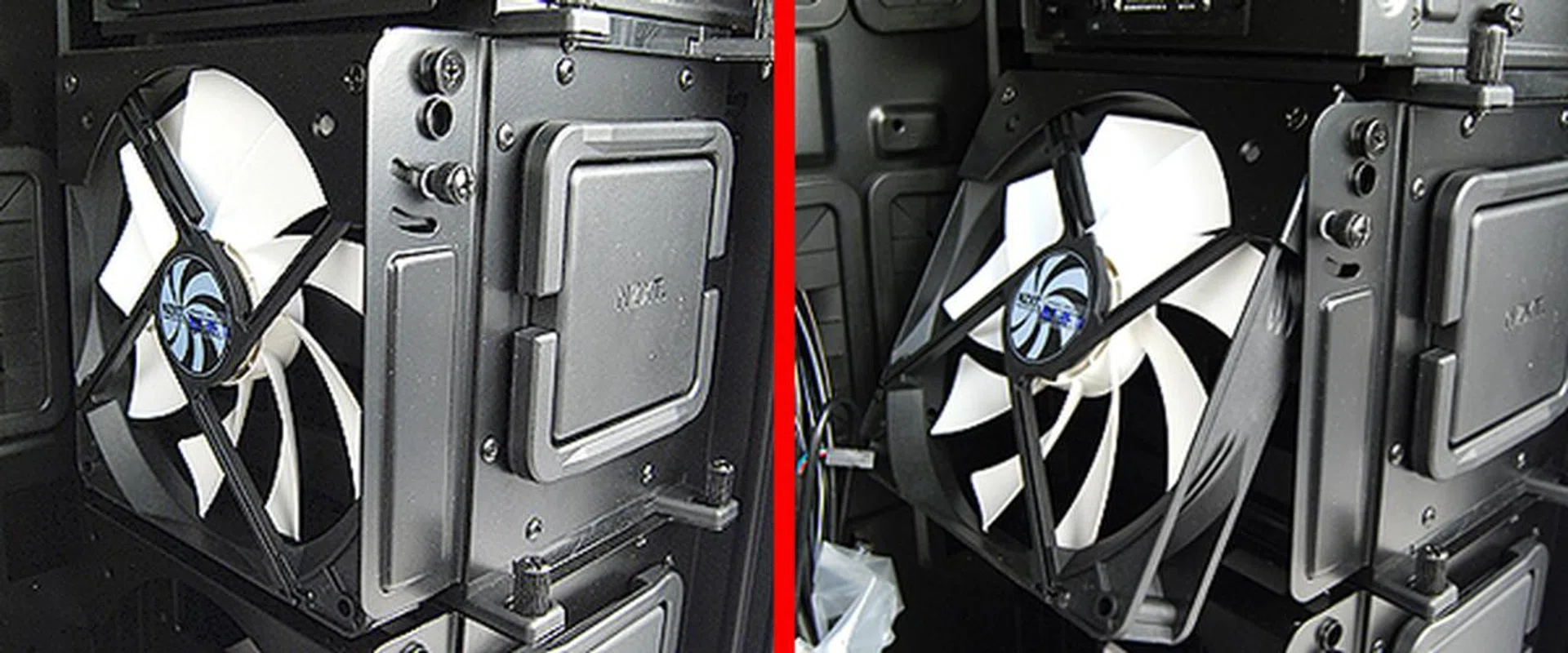Below the optical drive bays and attached to the side of the hard drive cage is a single internal fan that can be tilted to direct more air towards the CPU area. The case comes with a single internal fan with the option for users to add another at the side of the second hard drive cage below.