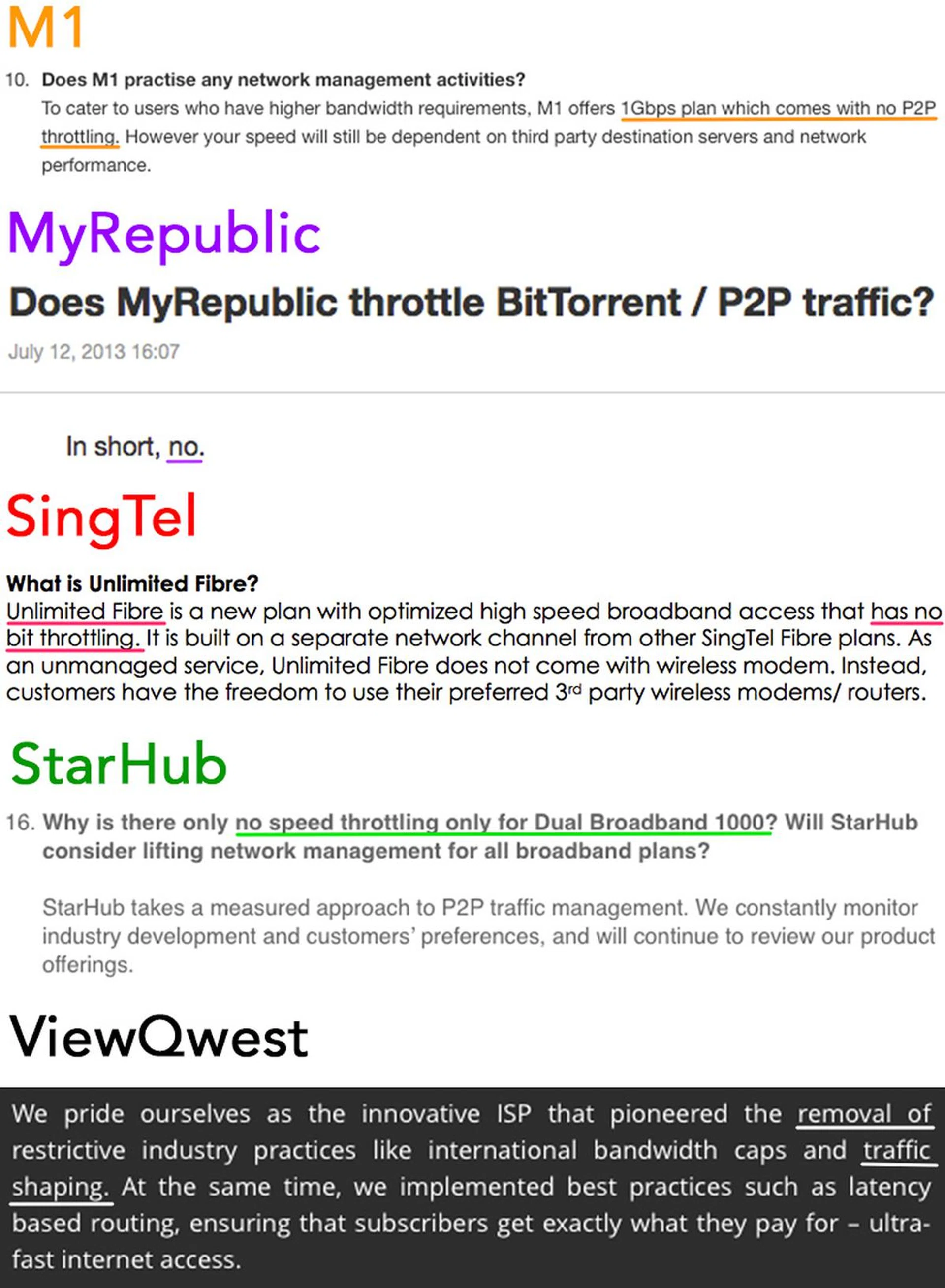 MyRepublic and ViewQwest say they don't throttle bandwidth; M1, SingTel, and StarHub basically say the same thing, but only for their highest-end plans. (Screengrabs from the ISPs' websites; emphasis ours.)