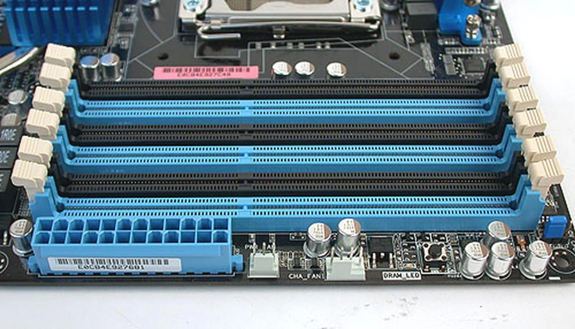 The standard six DIMM slots on an X58 motherboard.