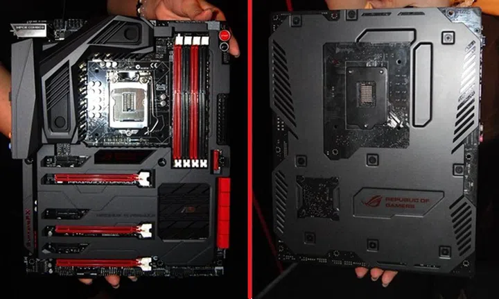 The front and rear ROG armor of the ASUS Maximus VI Formula motherboard.