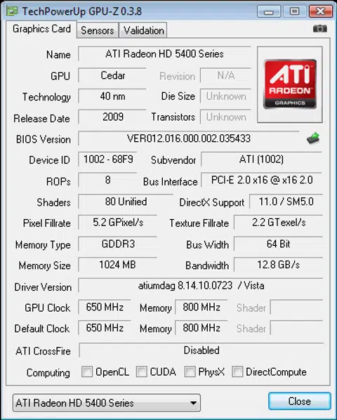 The Radeon HD 5450 specs.