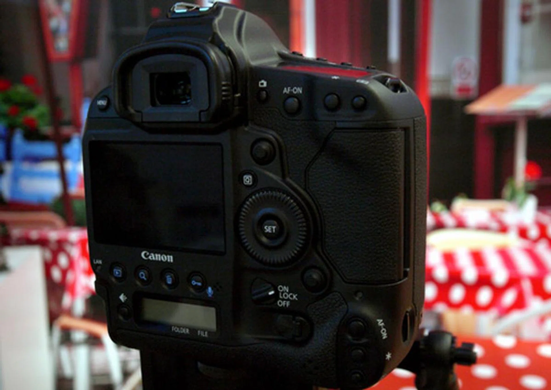 Rear view of the EOS-1D C. The relatively portable DSLR package is powered by Canon's Dual-Digic 5+ image processors, and also features a fixed 3.2-inch LCD screen and an optical viewfinder.