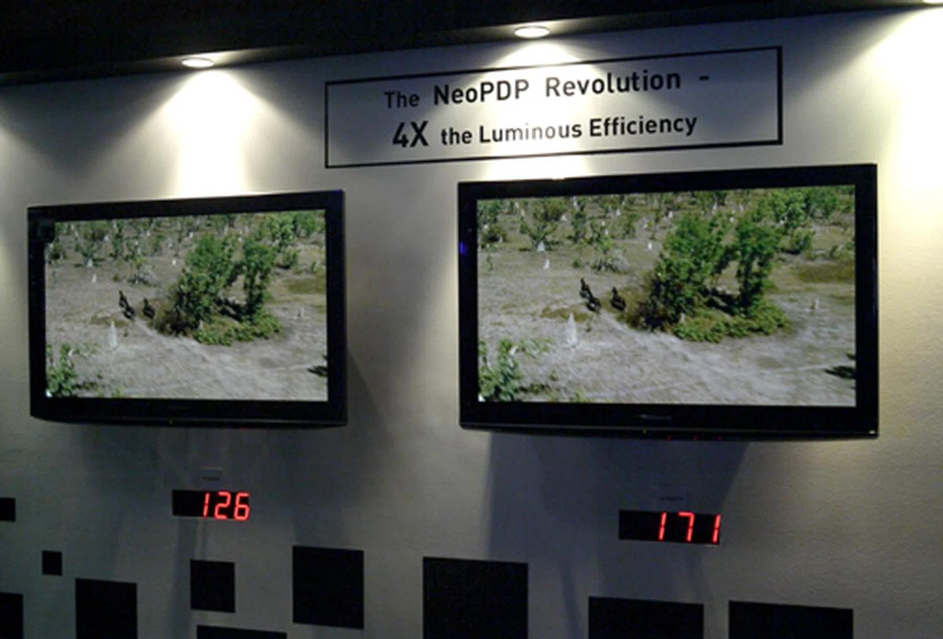 Panasonic was demonstrating the power-reduction prowess of their improved NeoPDP panels. Most of them managed to clock an average power rating of less than 200 watts based on what's shown here.