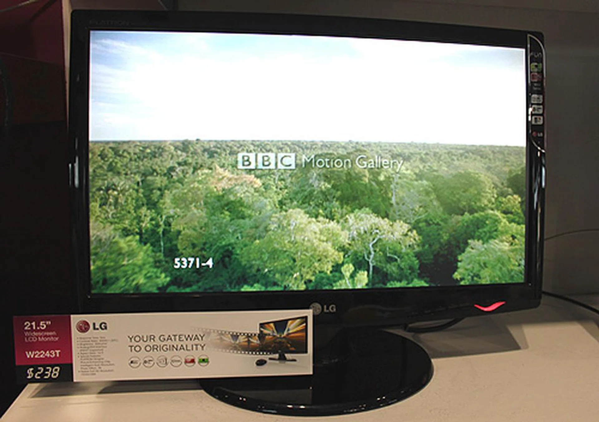 The LG W2243T is a 21.5-inch LCD monitor capable of full-HD. It has a response time of 5ms and a contrast ratio of 30,000:1. $238.
