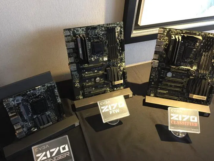 The EVGA Z170 Classfied, Z170 FTW and Z170 were on display at Computex 2015. (Image Source: Jacob Freeman @ EVGA)