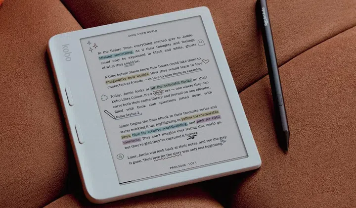 The Kobo Libra Colour has a 7-inch display and can be used with a stylus. (Image source: Kobo)