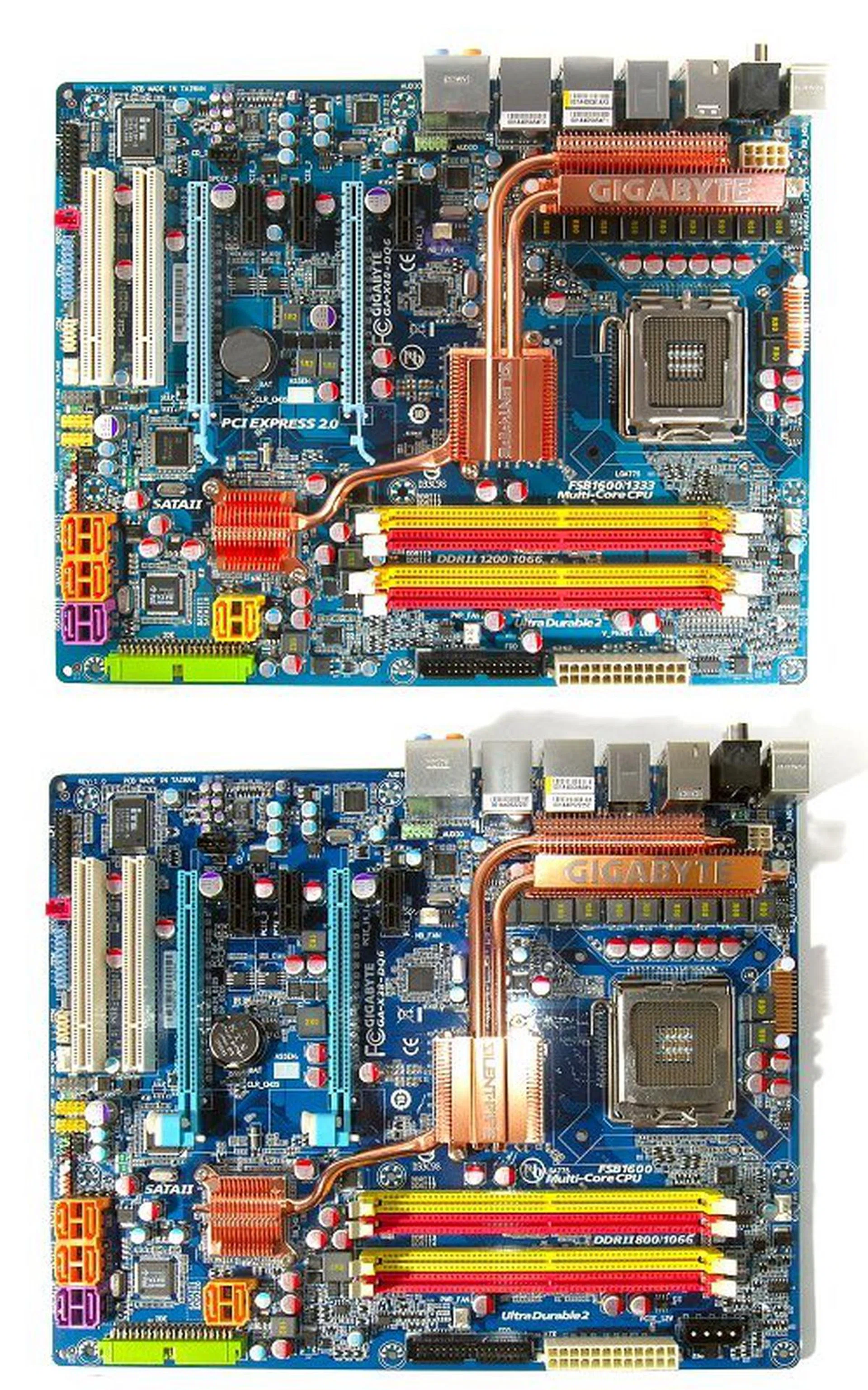 The Gigabyte GA-X38-DQ6 and GA-X48-DQ6 side by side. Can you tell which is which?