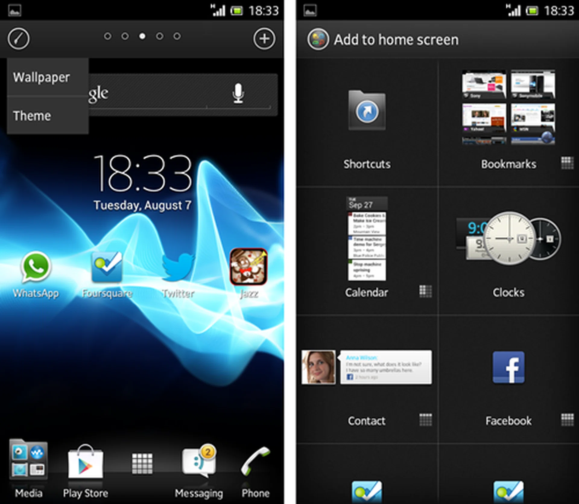 Like we mentioned earlier, clicking on the menu button on the home screen brings up the option to change your wallpaper and theme or add widgets. To access the widget collection, simply click on the "+" sign on the right. 