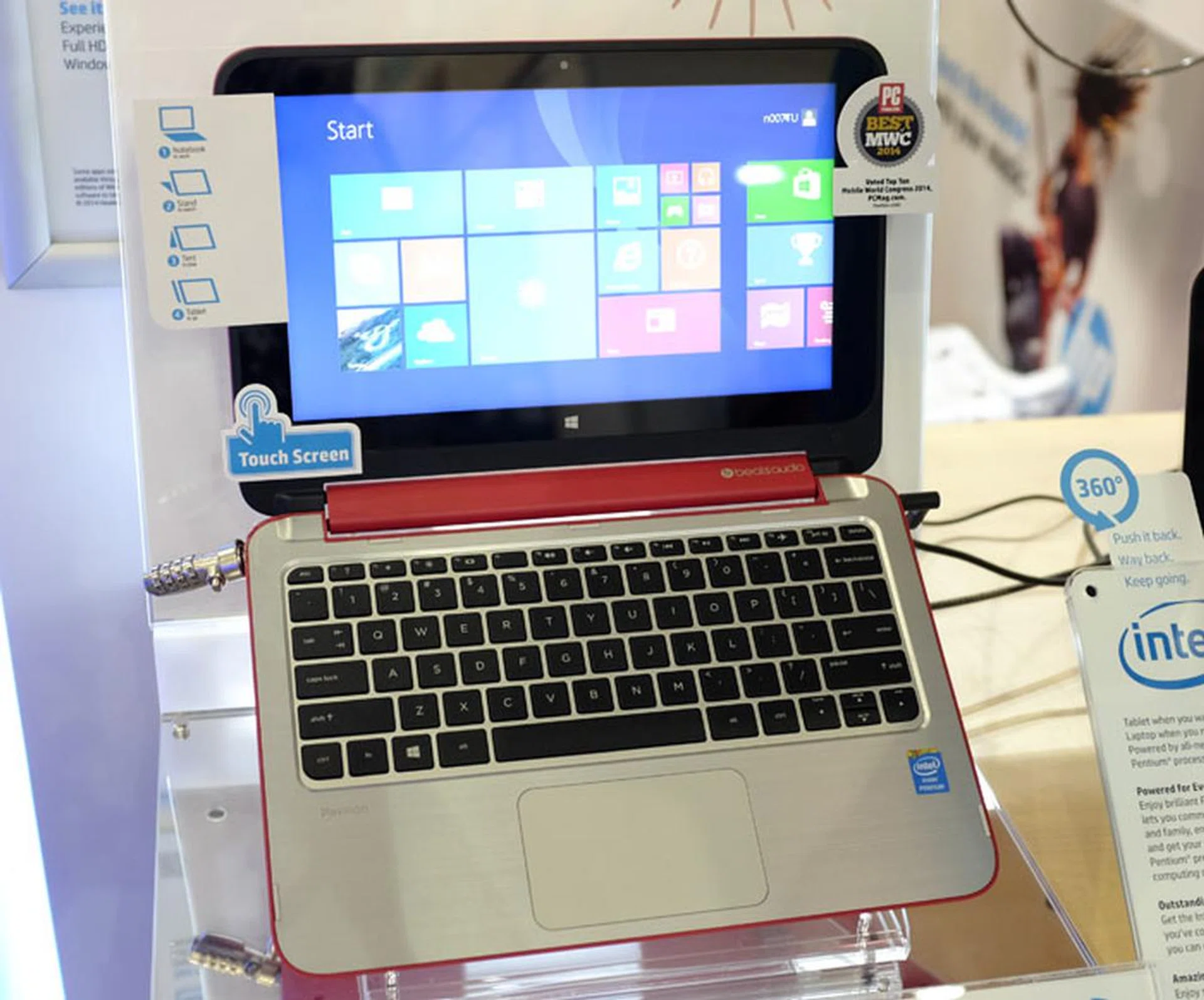 The HP Pavilion x360 is a flexible little device with a 360-degree hinge, letting it easily transform between notebook, tablet, stand, and tent modes to suit your current usage needs. It has an 11.6-inch touchscreen display, an Intel Pentium N3520 processor, Windows 8.1 OS, and 8GB RAM. It is available for $799, and comes with a free HP backpack and HP in ear headset.