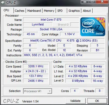 Despite what CPU-Z thinks, this is the Core i7-875K, though it's a slight distinction at best. With all four cores running, the Turbo Boost tops out at 3.2GHz.