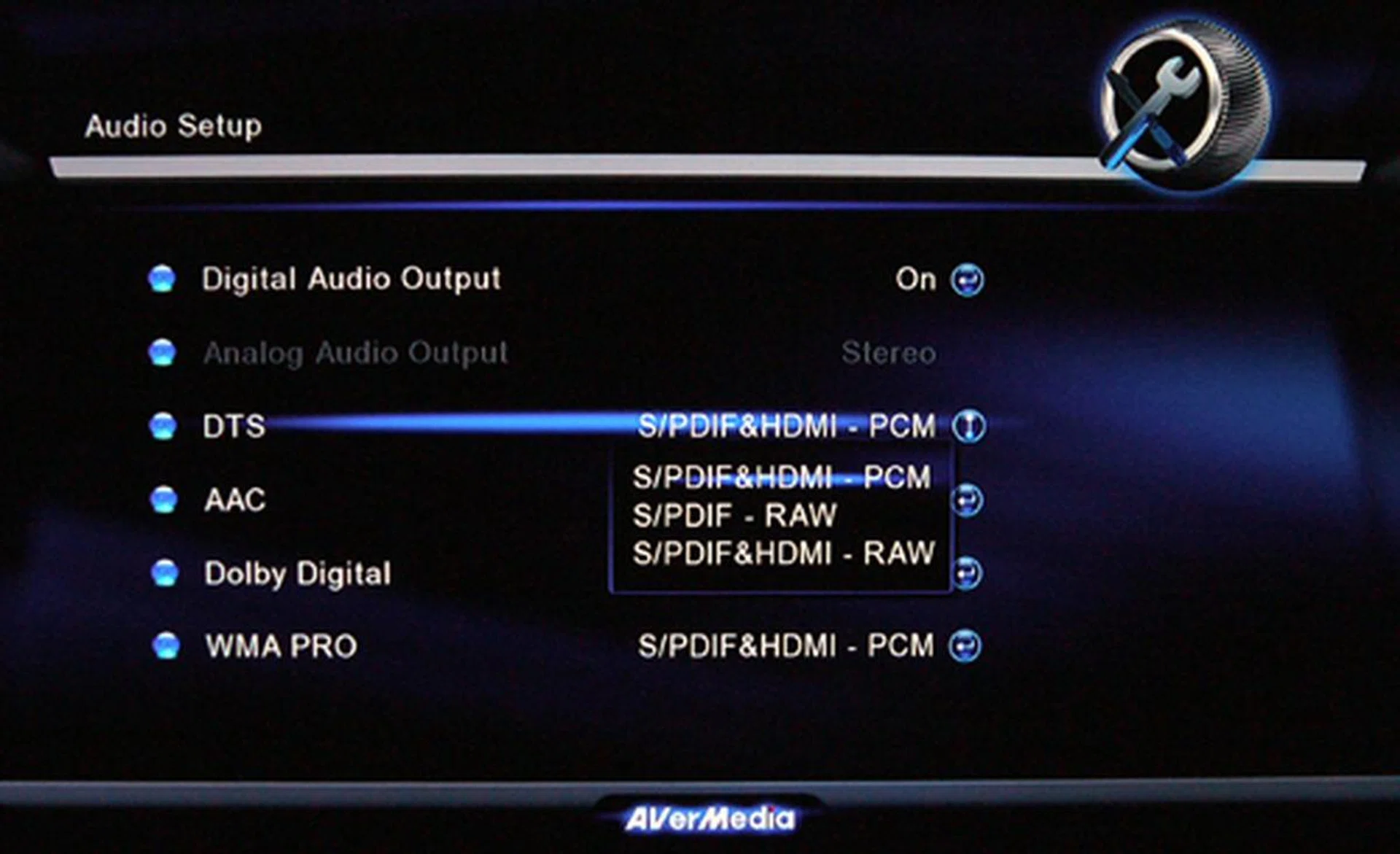 The player does RAW and PCM with up to 7.1-channel audio output support. Of course, you'll only get to see the selection listed here after enabling the unit's digital audio output.