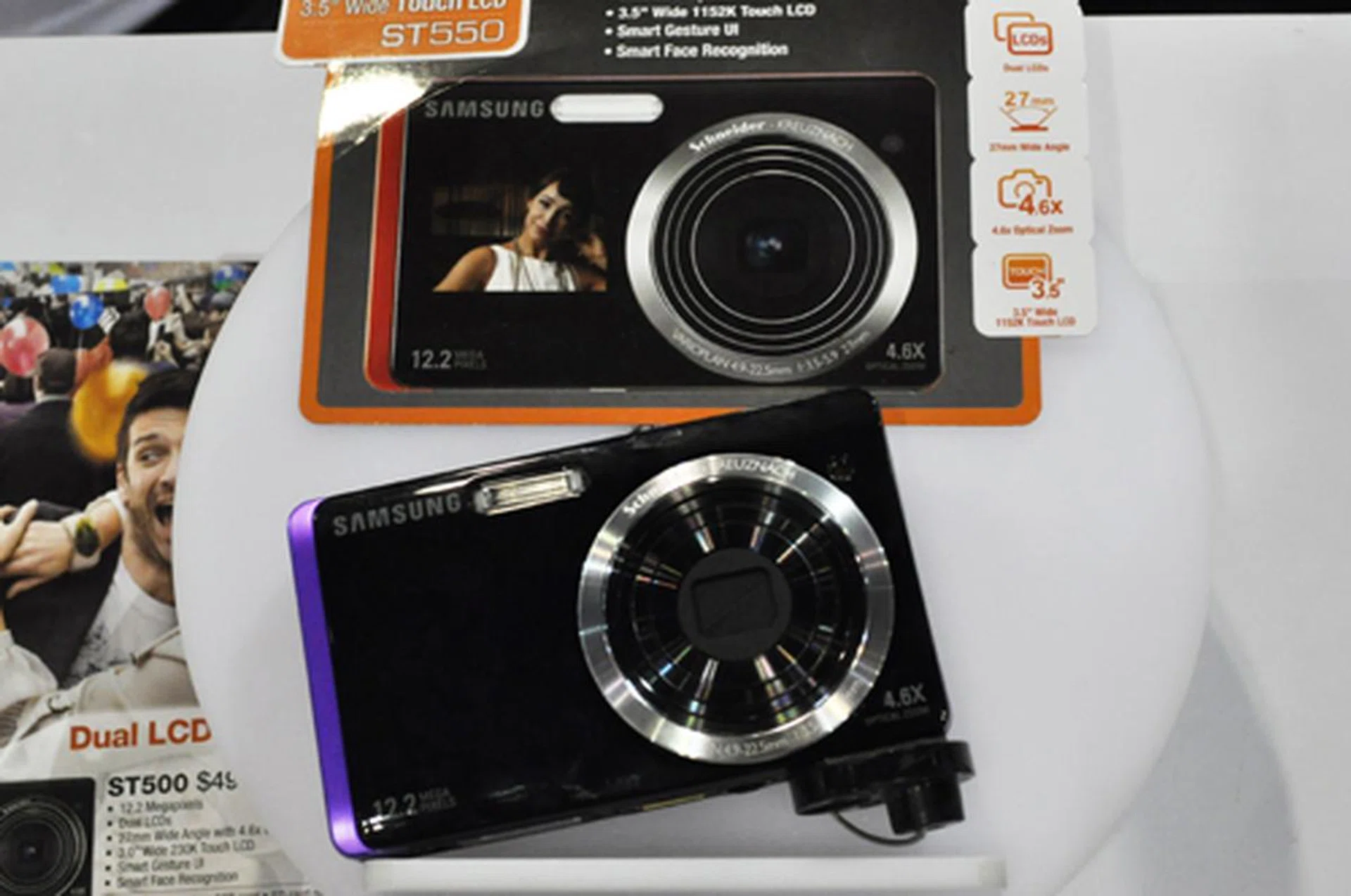 The brand new Samsung ST550 digital camera has an LCD on its front cover, perfect for self-portraits. At $549, while the similar ST500 is going for $499.