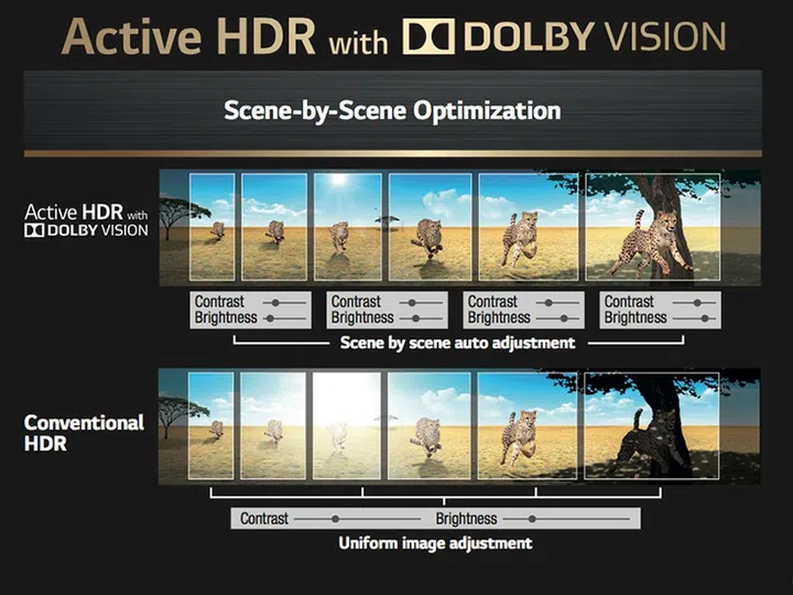 Active HDR with Dolby Vision adjusts contrast and brightness scene by scene for the best image, whereas conventional HDR does a single adjustment throughout the entire movie.