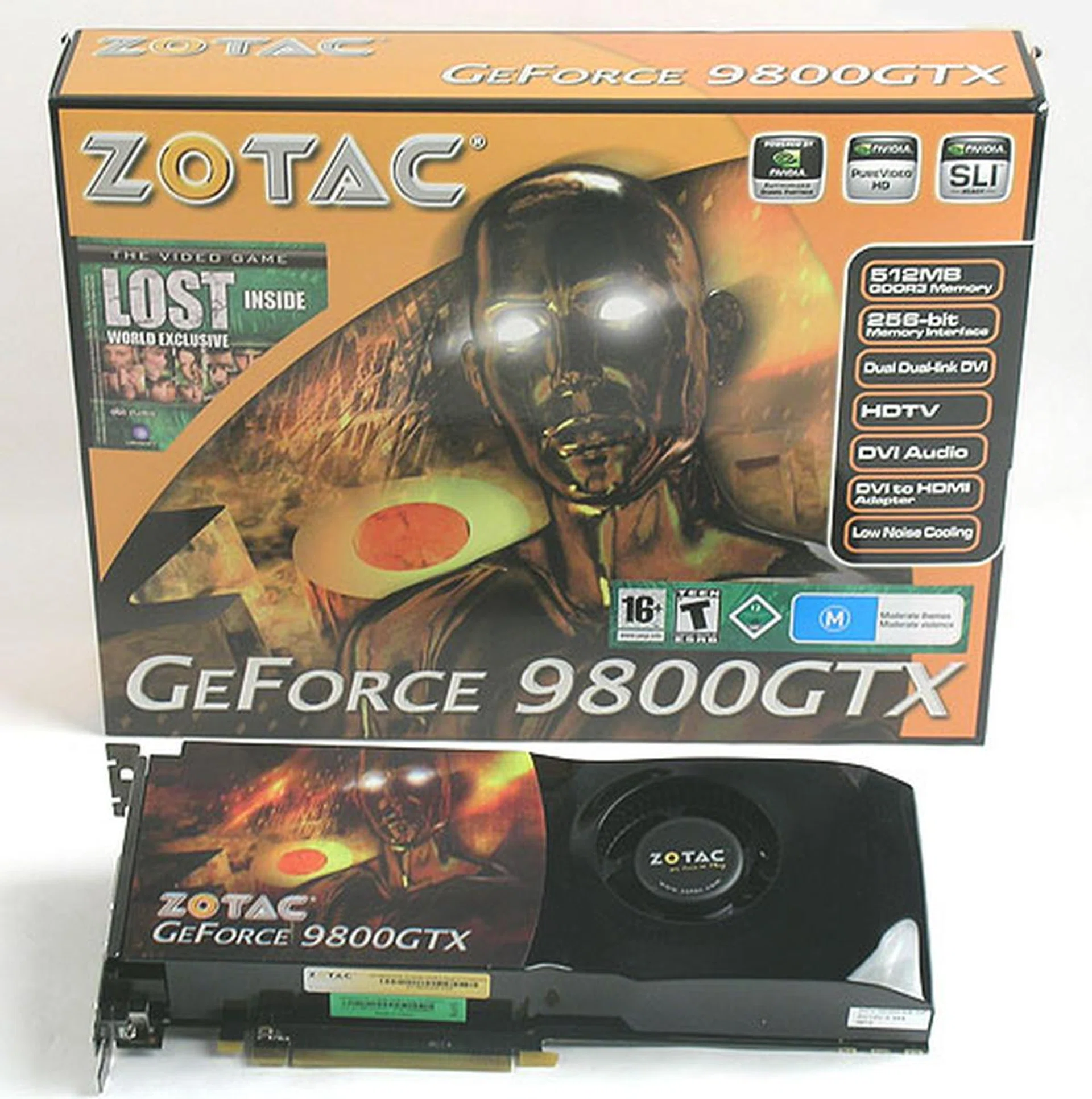 The last of the three retail sets we received, the Zotac GeForce 9800 GTX is also clocked at the default speeds. For fans of the TV show Lost, a new video game based on that is included. 
