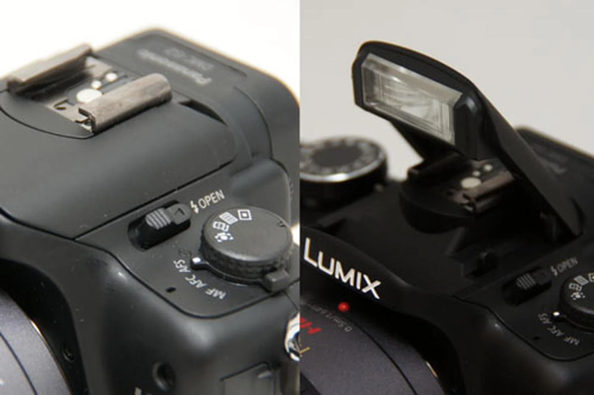 The G2's flash pops up with a switch, not a button. It didn't pop automatically for us, even in iA mode, but this may have been a prototype bug.