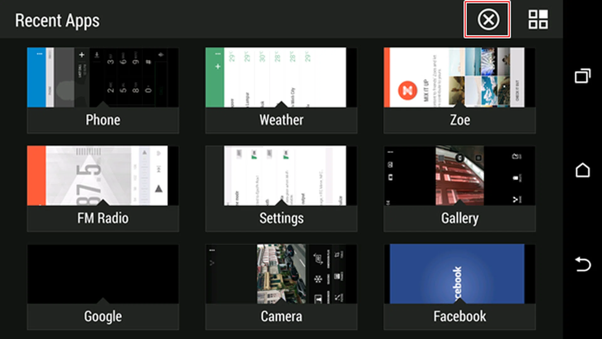 The "X" icon will close the nine most recent apps on the HTC One (M8).