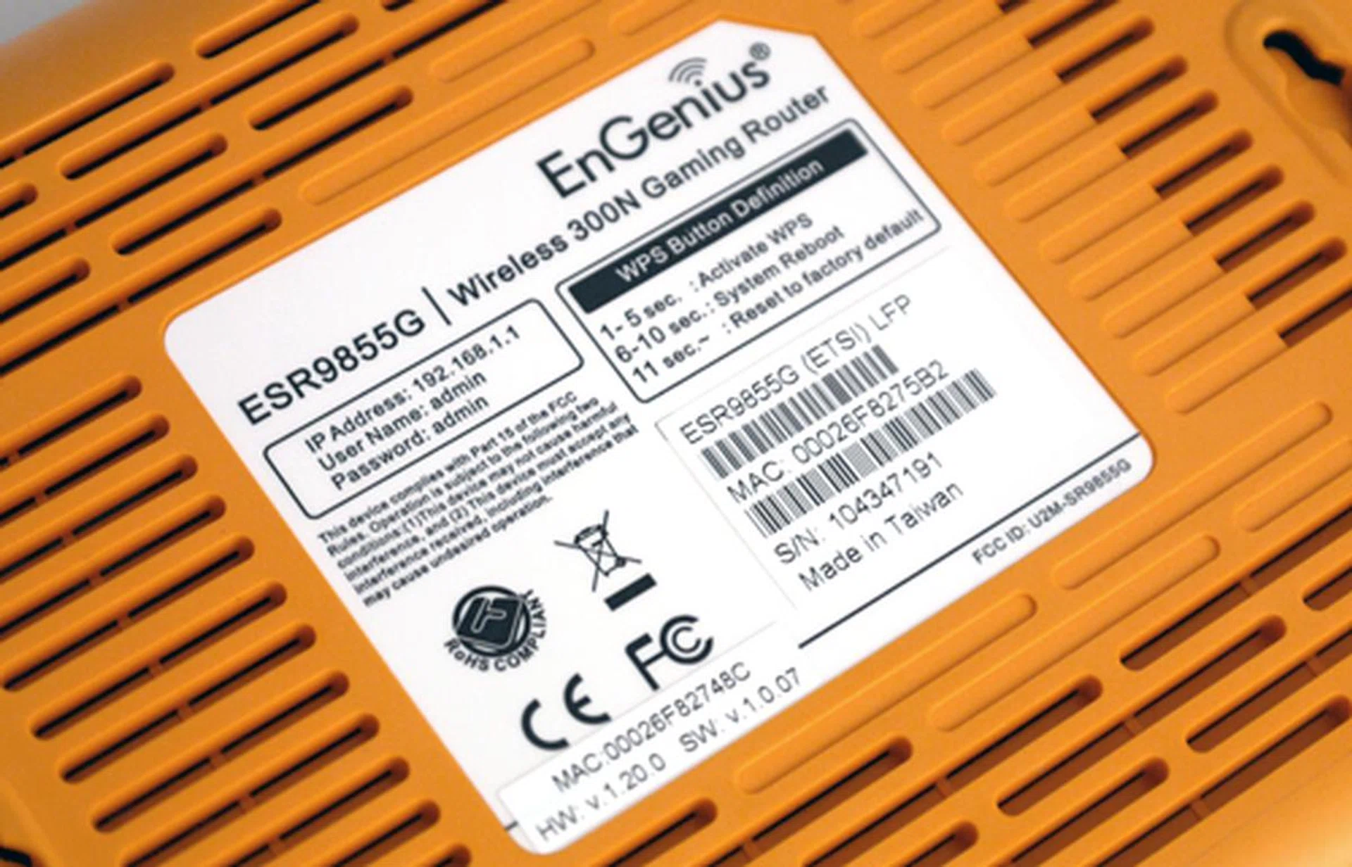 EnGenius has marked the bottom slate with a dose of useful information, such as the router's default IP, user name and password. Also note the alternate uses of its WPS button.