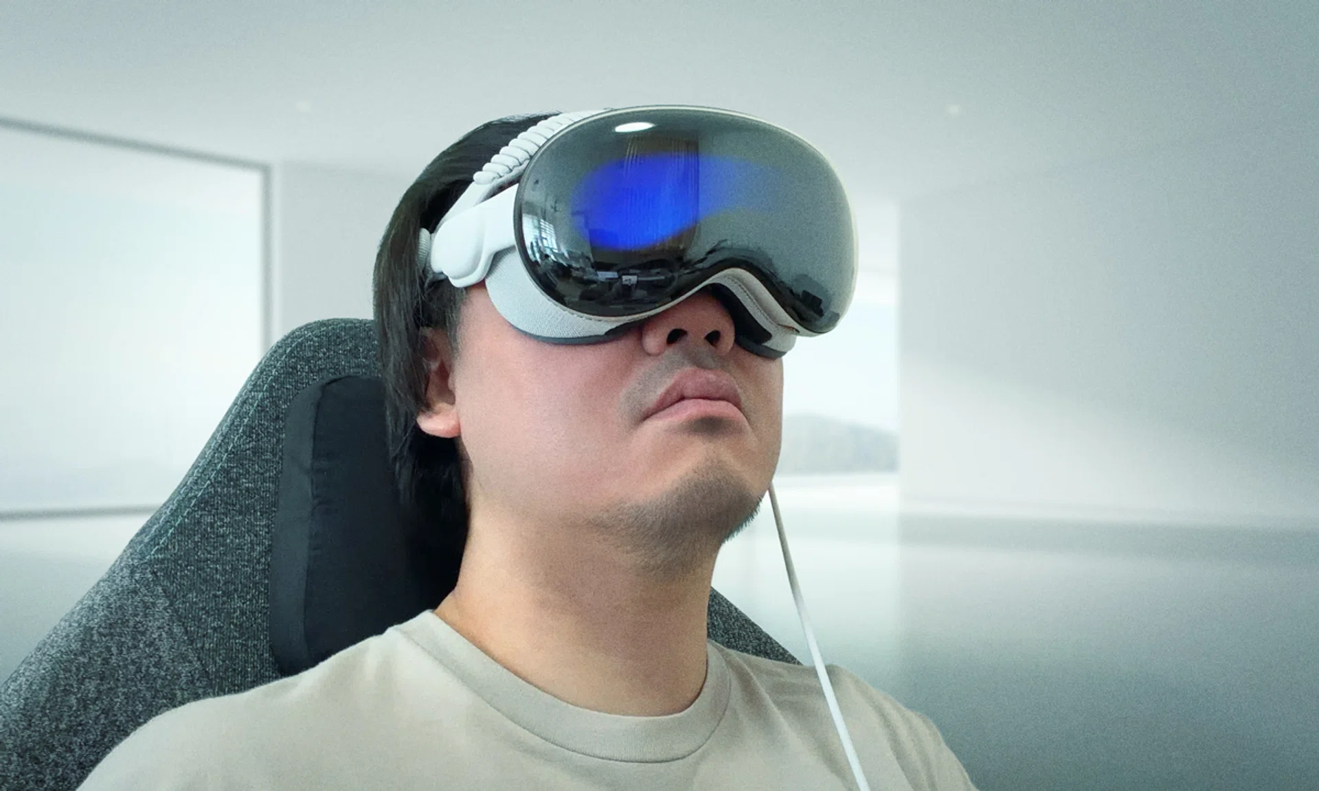 Wearing the new Apple Vision Pro powered by the M5 processor.