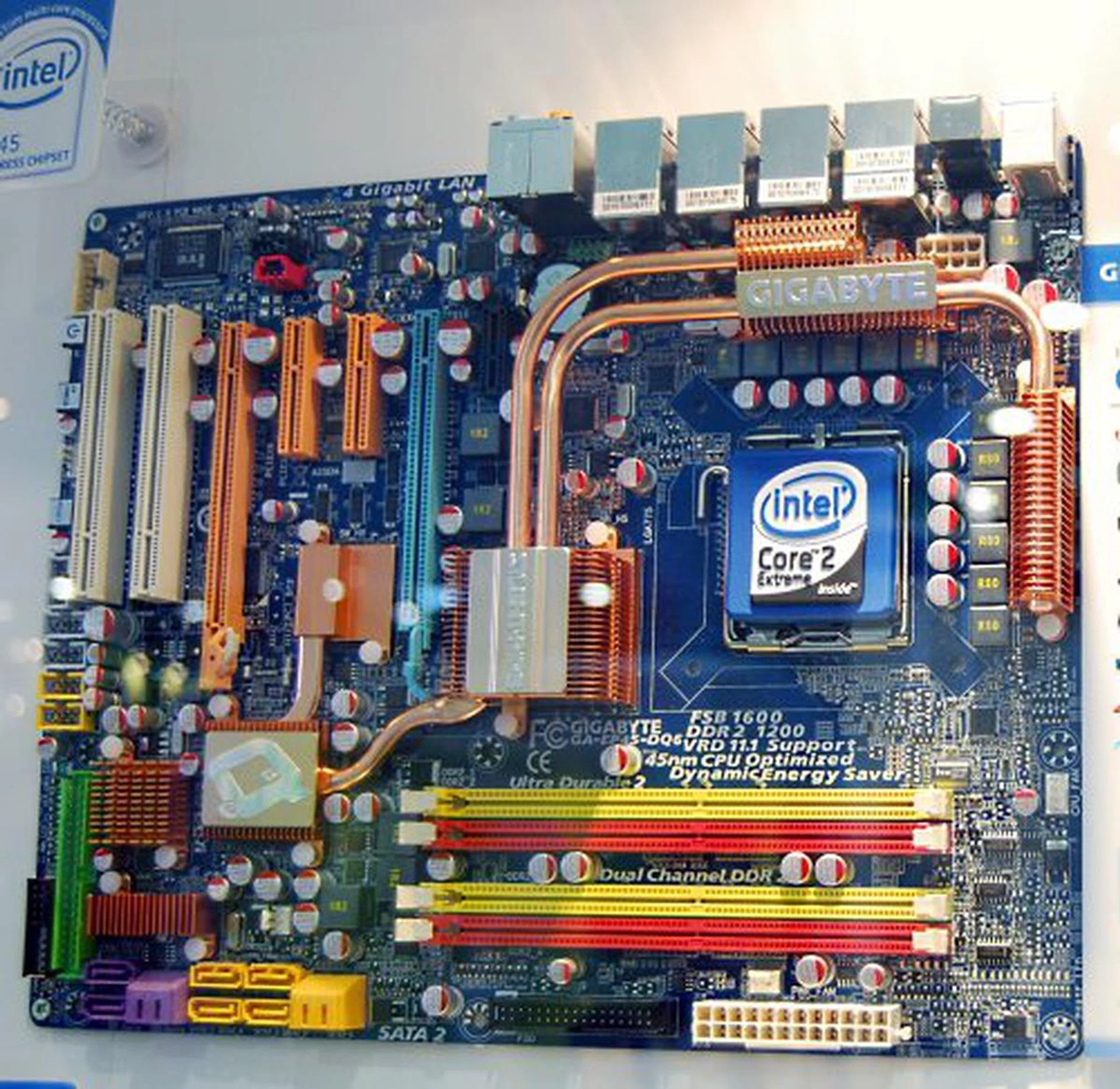  For those desiring the extreme high-end (in terms of features) solution, the DQ6 is Gigabyte's answer. Supporting DDR2 1600MHz along with Gigabyte's full suite of energy saving/efficiency technologies like its 6-Gear switching, this board has all the standard P45 chipset features (and a lot of the high-end stuff you saw on the Extreme), 4 x Gigabit Ethernet and even a TPM chip onboard for full 2048-bit encryption. You can read more about it in the preview article done before Computex.  
