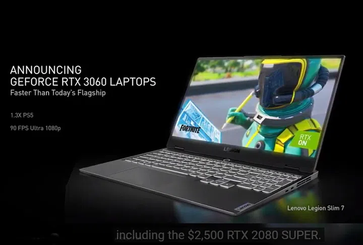 The likely choice of most mainstream gamer and gaming notebooks, the GeForce RTX 3060 for laptops can tackle 1080p resolution with everything turned on and NVIDIA claims it to be faster than their RTX 2080 Super. Seen here is the new Lenovo Legion Slim 7 that will feature this new GPU. Oh also note NVIDIA's jab to mention that the RTX 3060 GPU is 1.3x more powerful than the AMD-powered PS5 PlayStation.