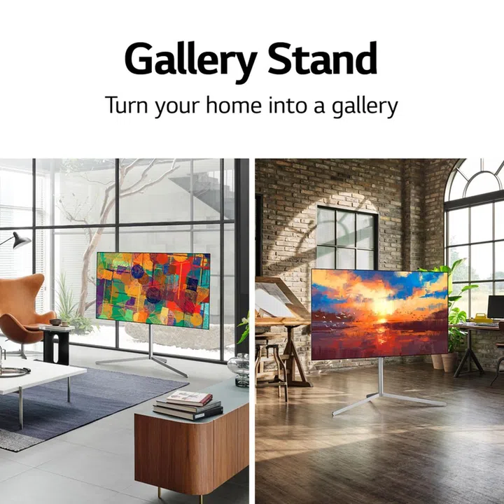 The optional Gallery Stand is compatible with most LG OLED TV models sized 55 or 65 inches, like those from the C1 and G1 series. (Image source: LG)