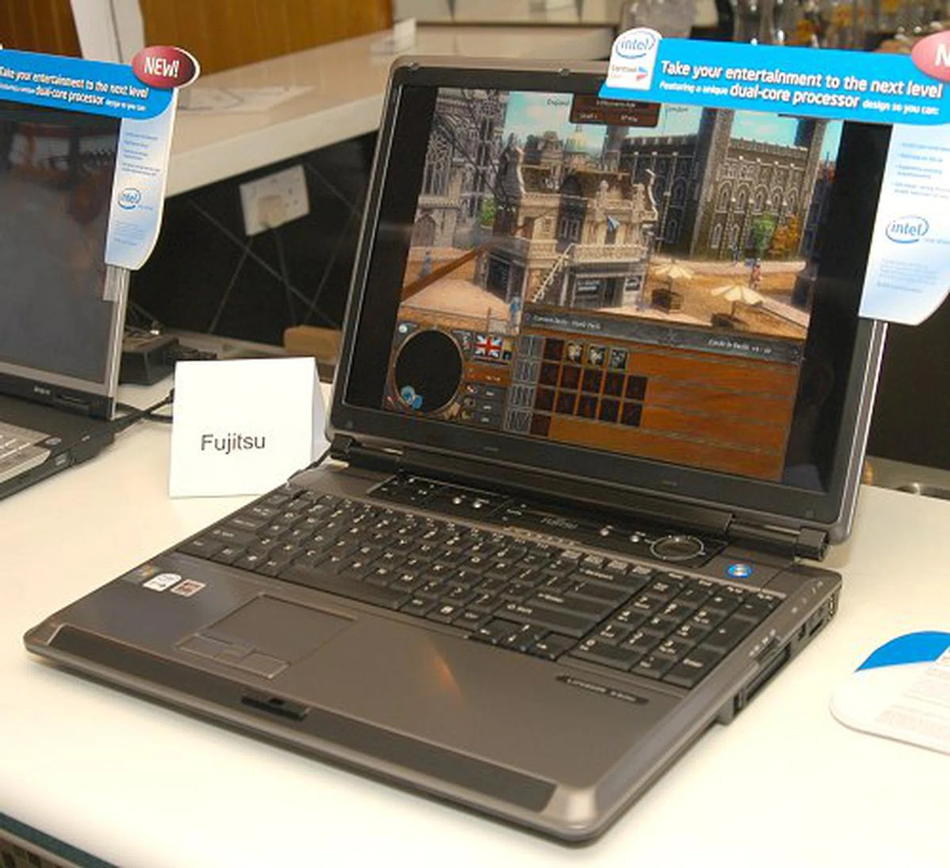 The N6410 from Fujitsu is also a equipped with Intel's new dual-core mobile processor, but home entertainment and storage are the true strengths of the notebook because it has two hard drives for a maximum of 320GB of storage space and a host of multimedia controls and components.