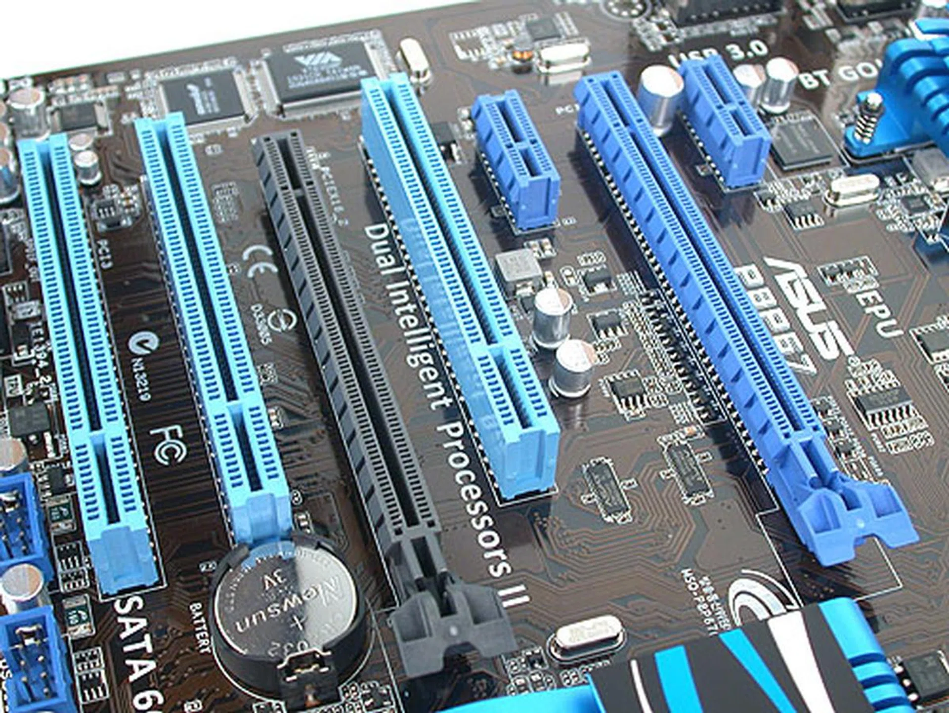While there are two PCIe 2.0 x16 slots for graphics cards, and this board supports up to quad CrossFireX configs, the second, black slot runs at x4 and shares bandwidth with the two PCIe x1 slots and one of the two USB 3.0 controller. It's certainly a dampener if you're thinking of dual graphics cards, for which we would suggest investing in a higher-end model with more dedicated bandwidth.