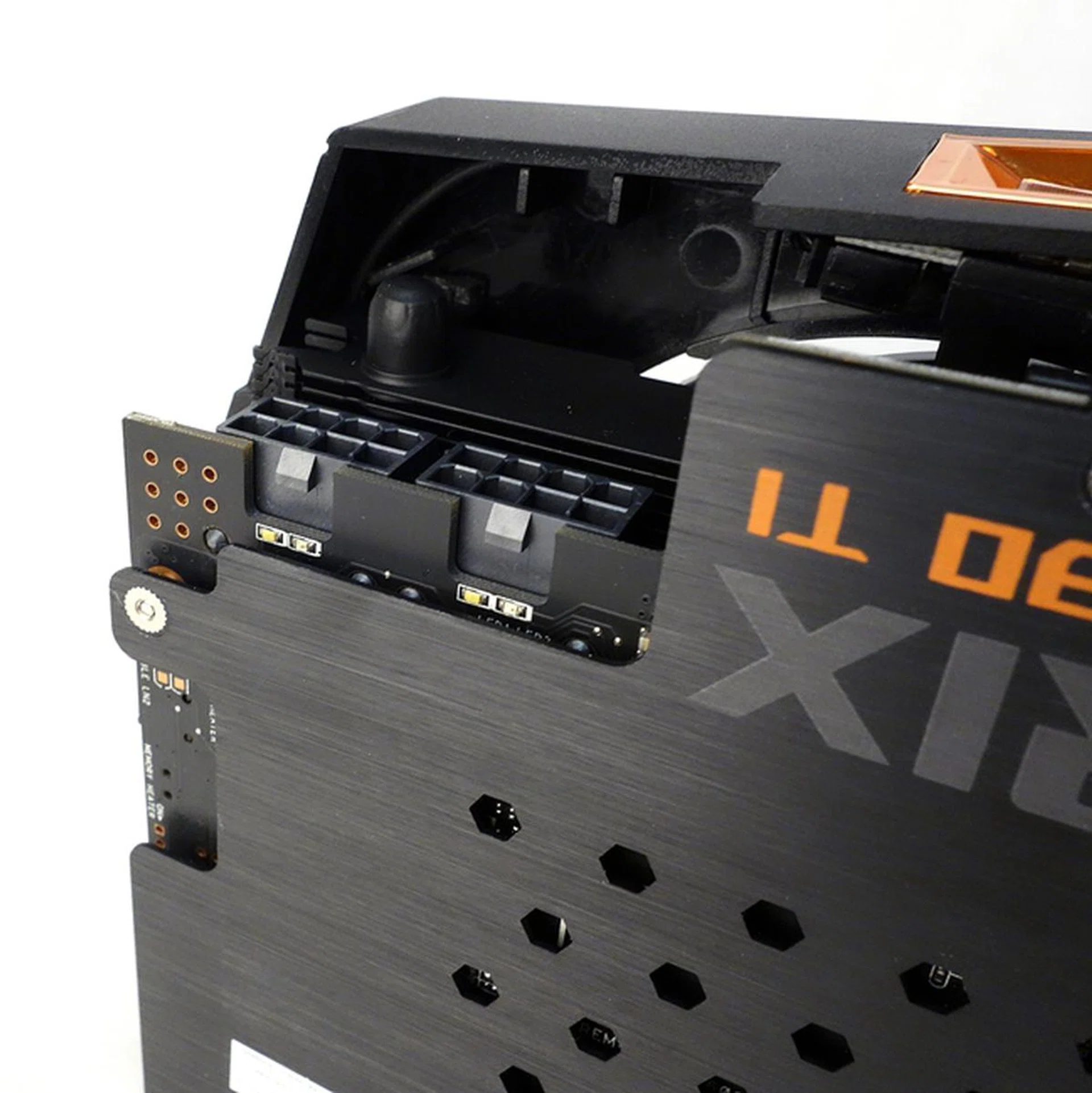 The card draws power from a pair of 8-pin Molex power connectors; they have LED indicators to tell you if the corresponding power connectors from the PSU have been inserted properly.