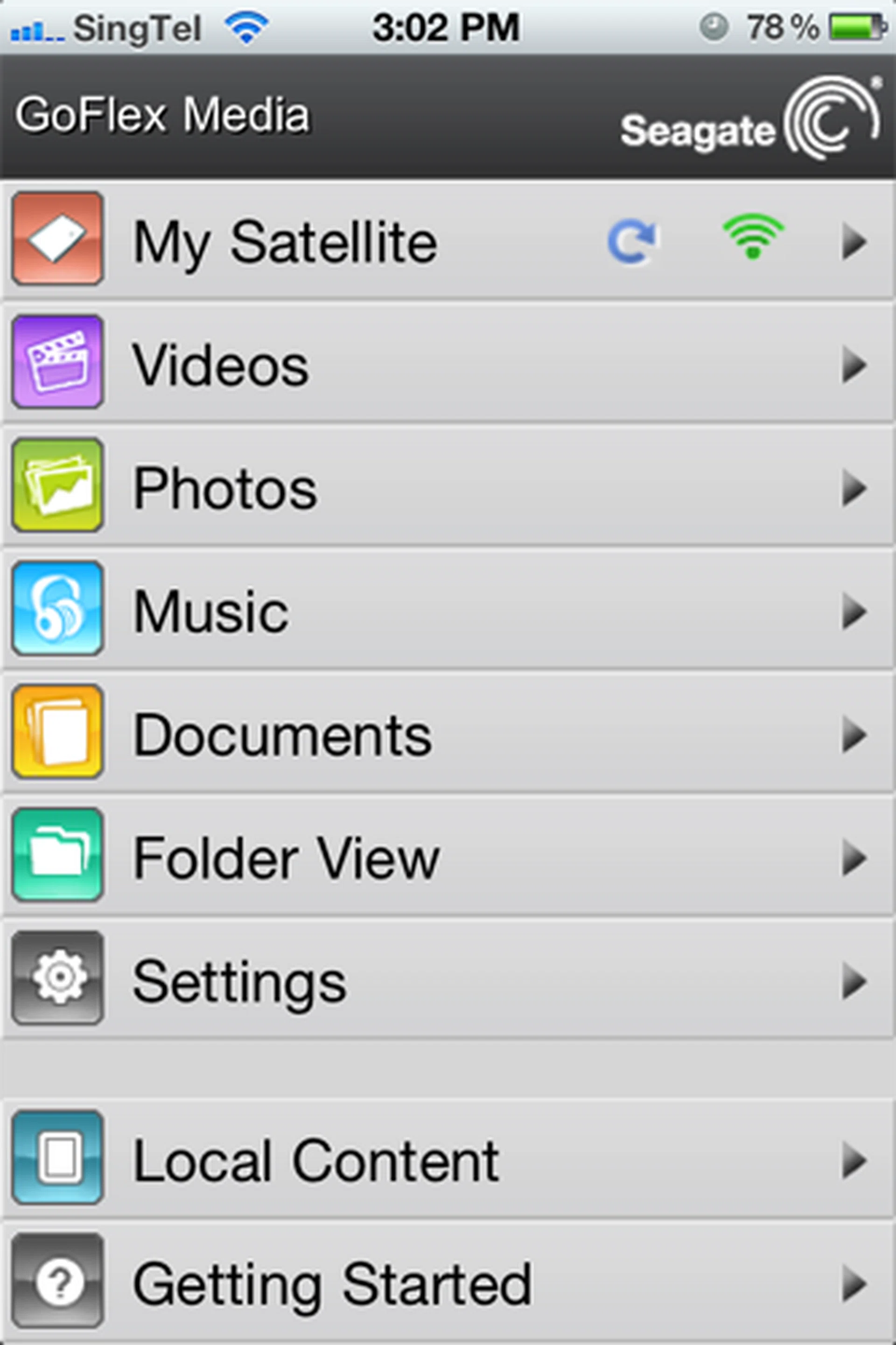 The iOS version of the free GoFlex Media app presented a similar looking menu screen.