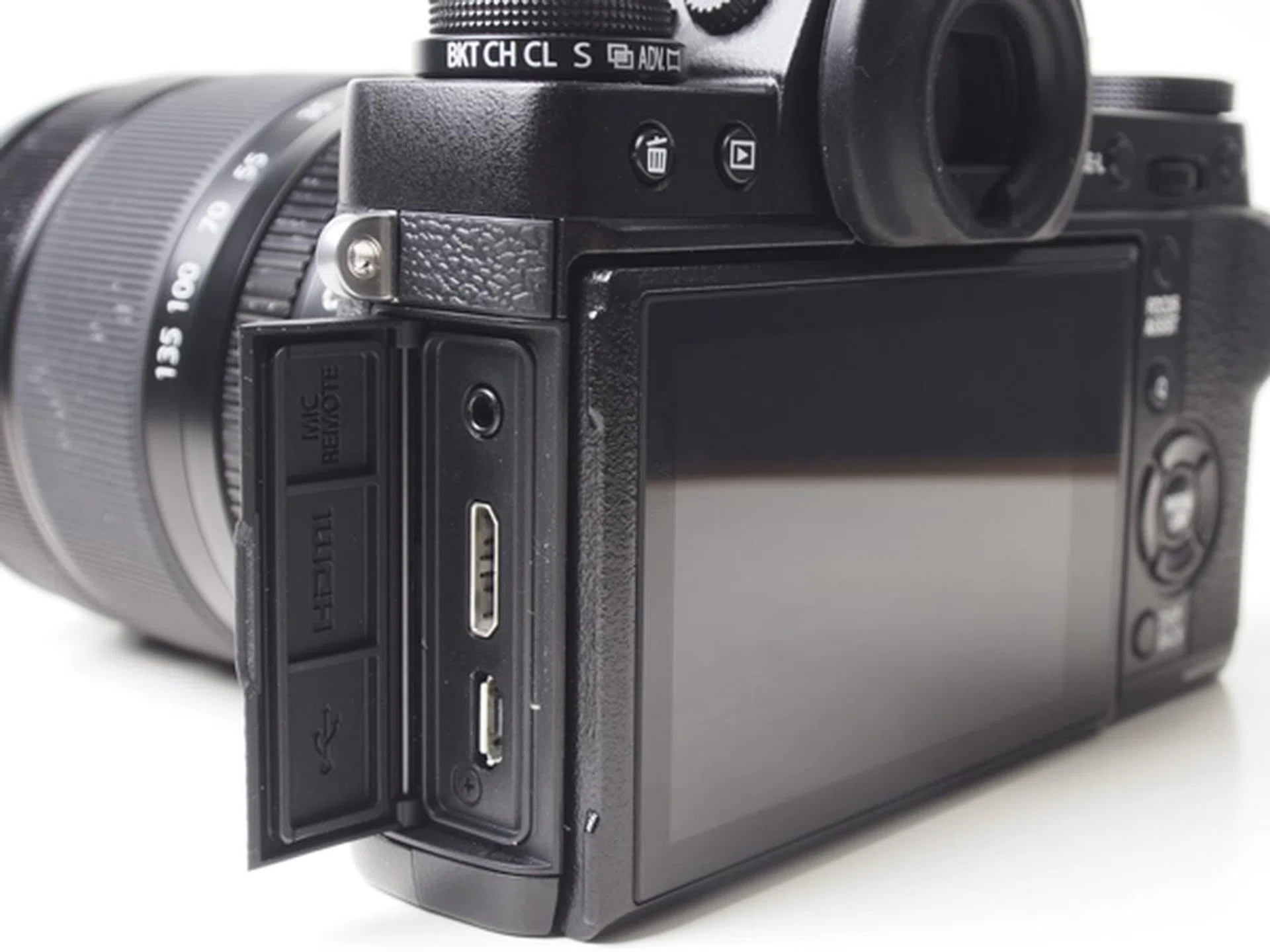 USB, HDMI. and mic/remote terminals at the side of the camera.