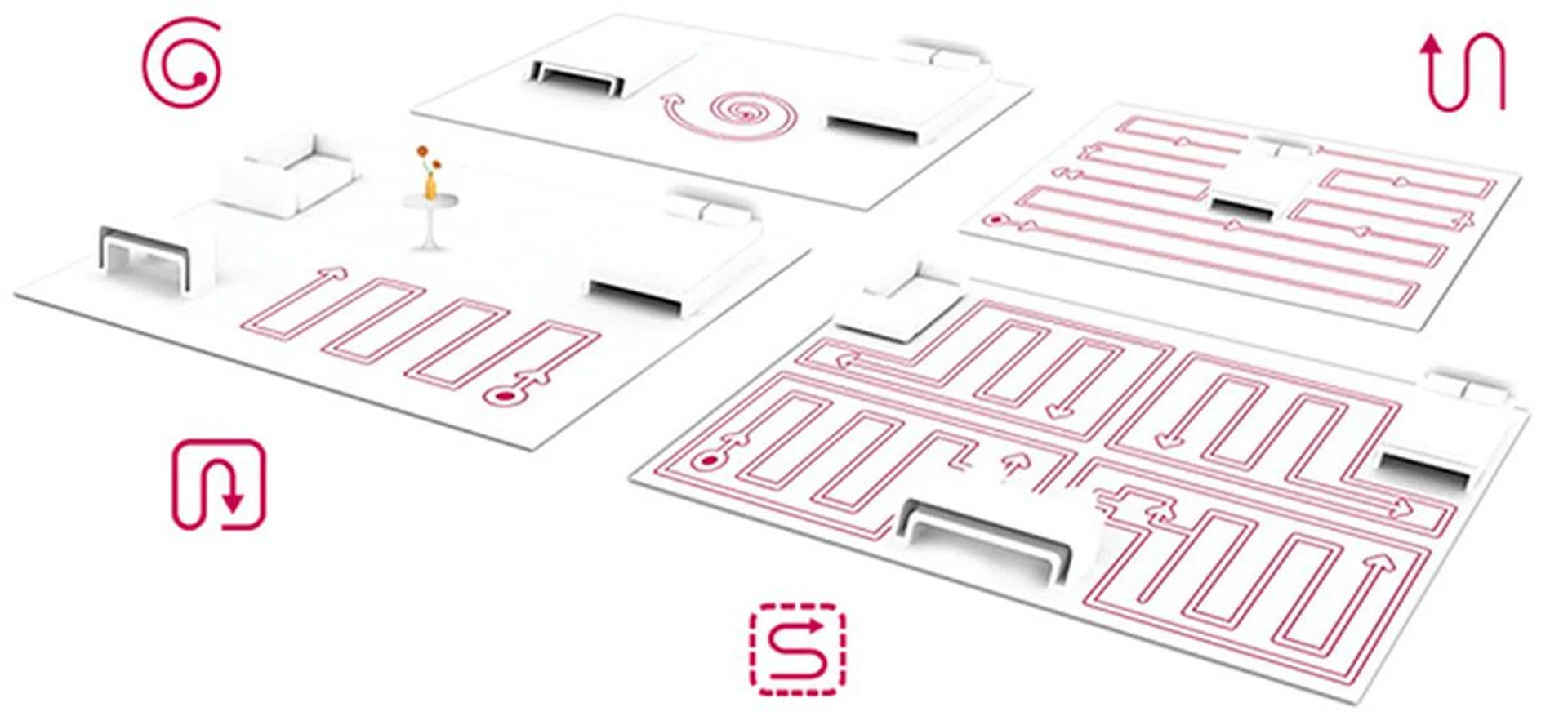 An image from LG showing the various modes. Clockwise from top-left: Spiral mode, Zig Zag mode, Cell by Cell mode and finally My Space mode.