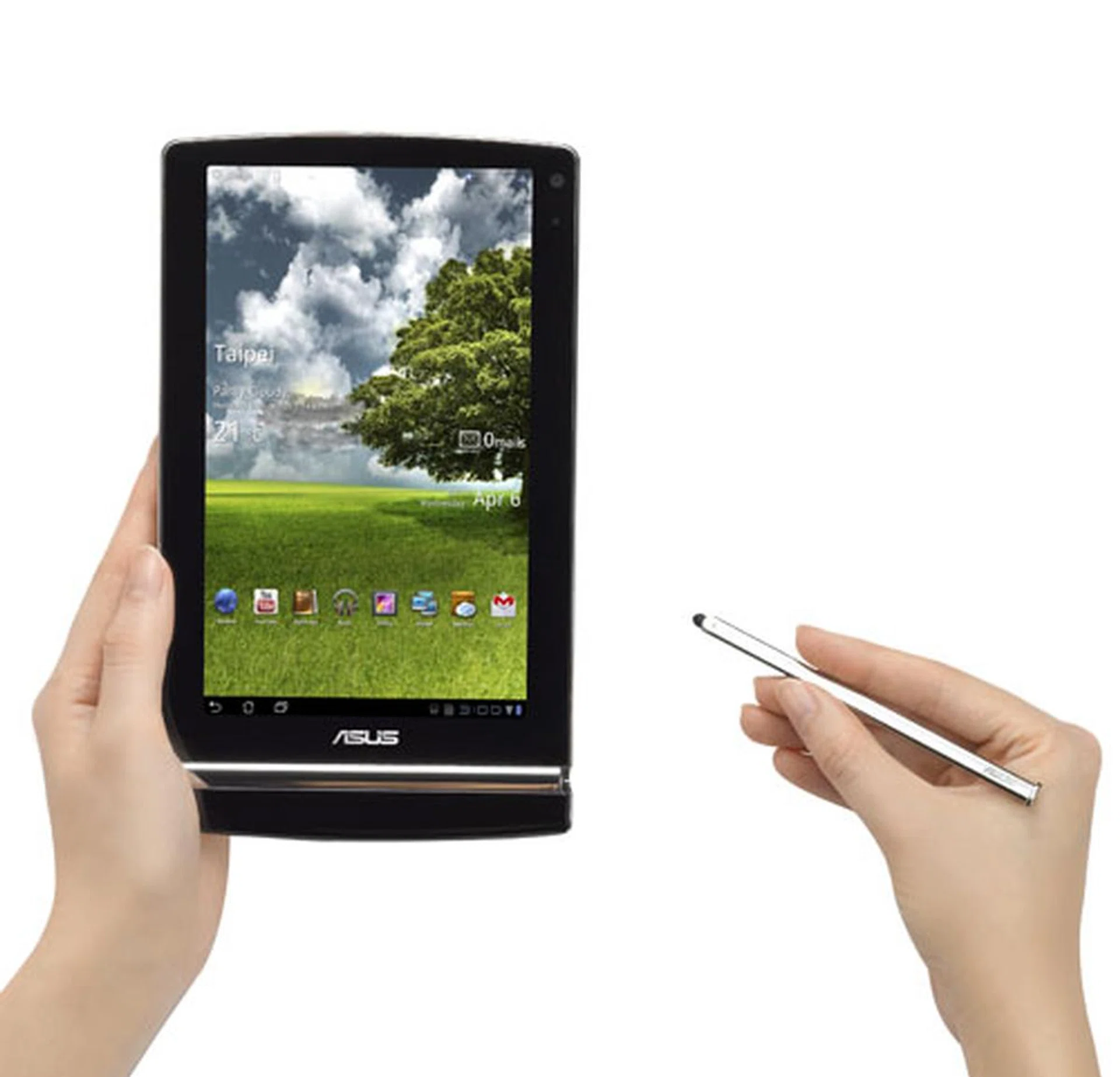 The stylus is hidden in the silver bezel near the bottom of the tablet when not in use.