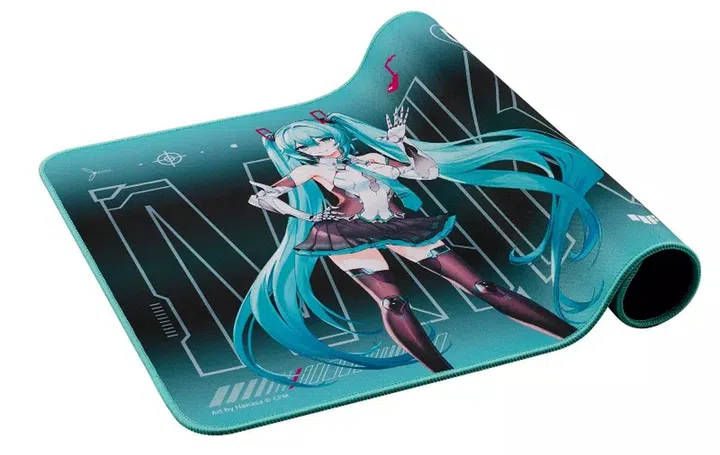 The ASUS TUF Gaming P1 Hatsune Miku Edition mousepad, with the blue-coloured stitching on the side. Photo: ASUS.