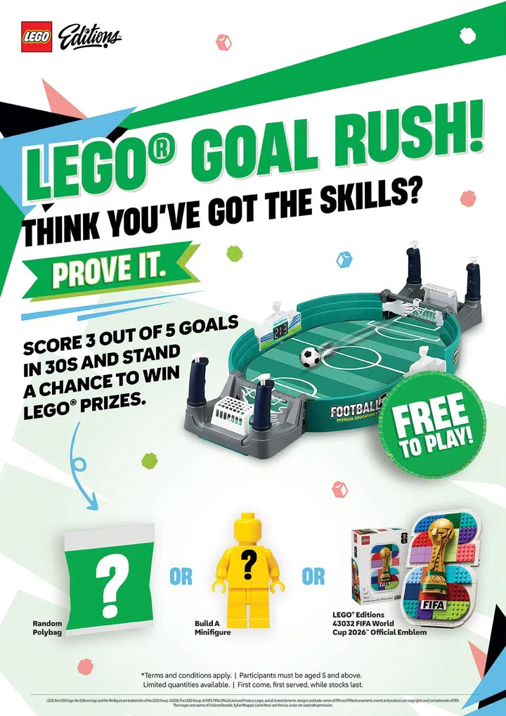 LEGO Goal Rush, a separate in-store activity with prizes, will take place until 19 July.