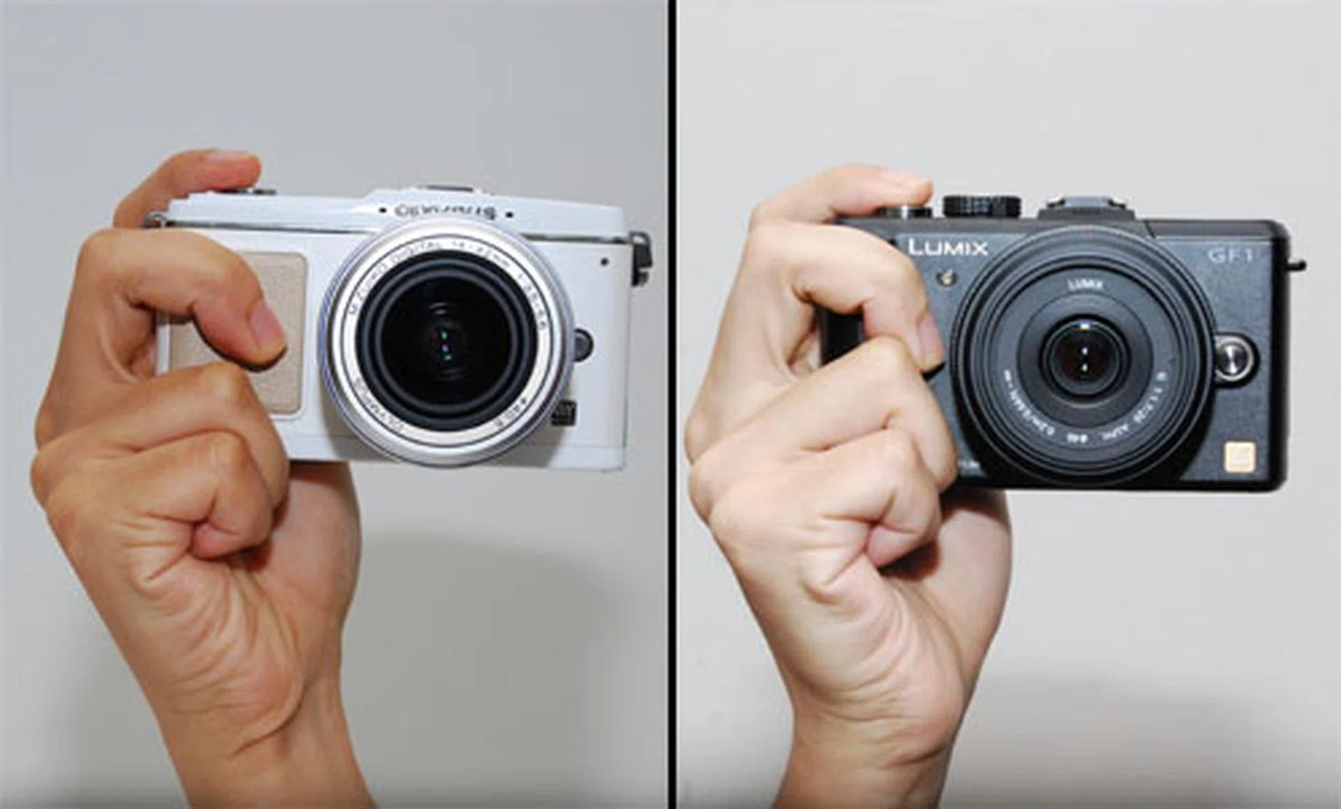 The E-P1's heft tends to lean towards the left (away from the shutter button) while the GF1's heft feels more evenly balanced.