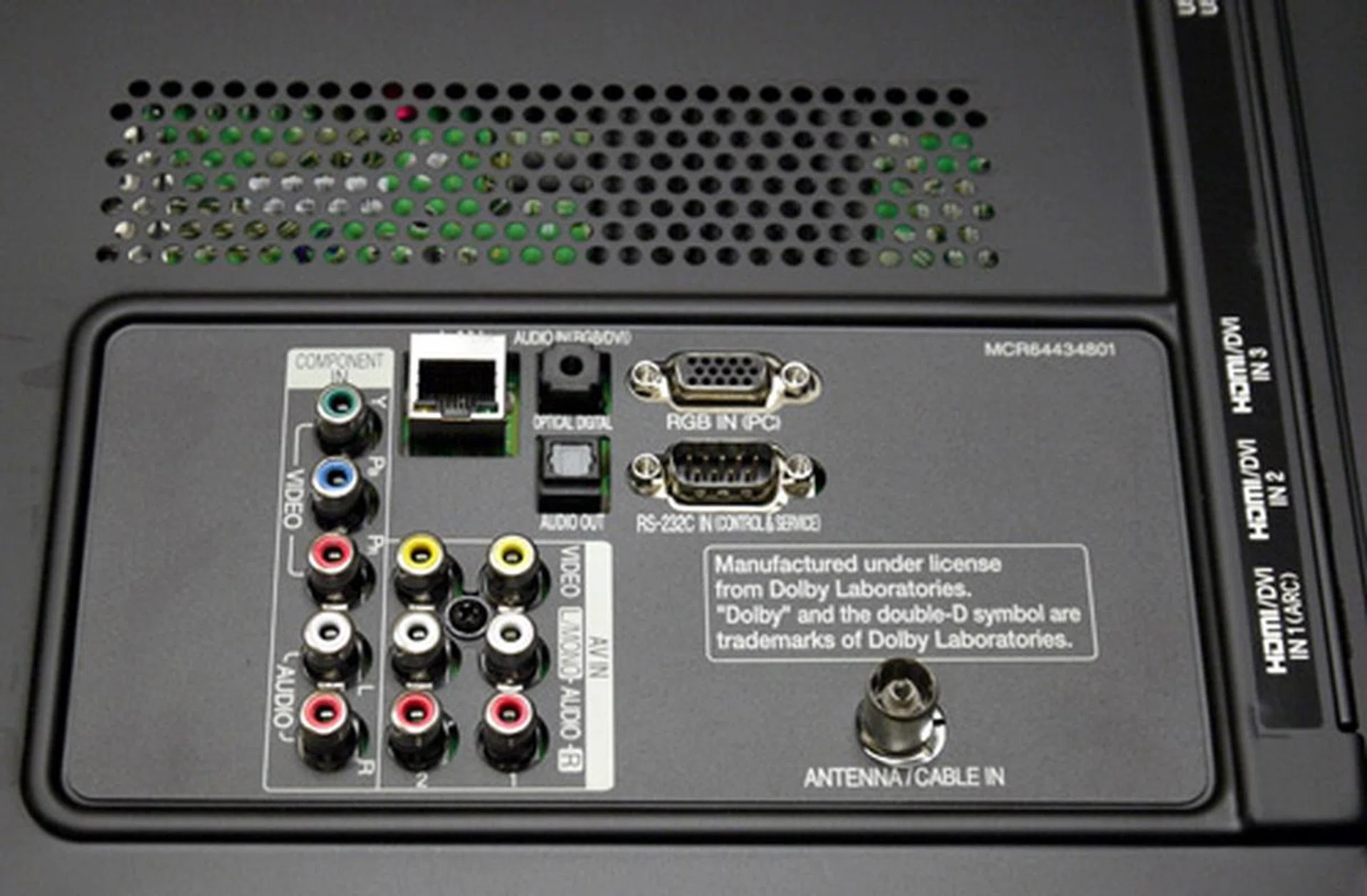 Situated behind the panel are a single component and two composite ports. That's also more than enough to handle legacy and analog equipment such as a Wii or a basic DVD player. Other offerings include an Ethernet port, digital audio out (optical), RF input, RGB In (VGA) and RS-232C ports.