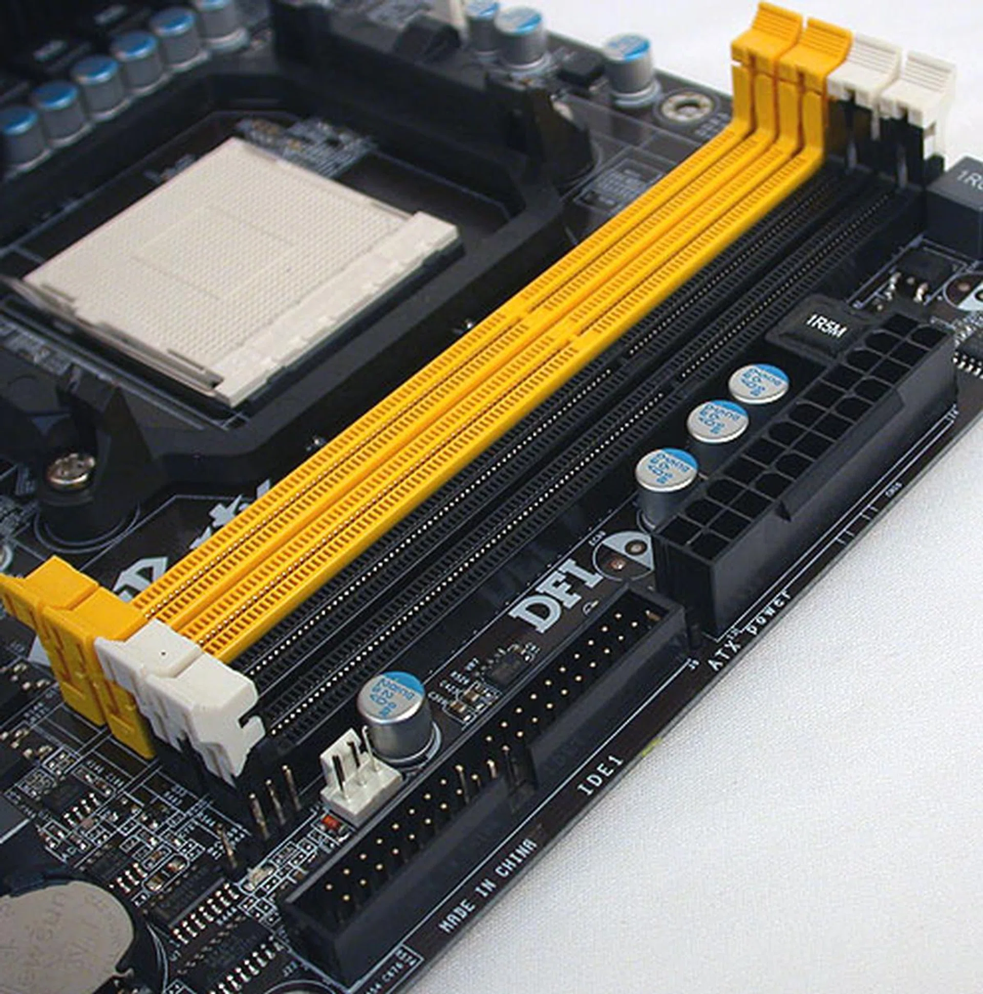 All very standard and typical here - four DDR3 DIMM slots, IDE and power connectors.