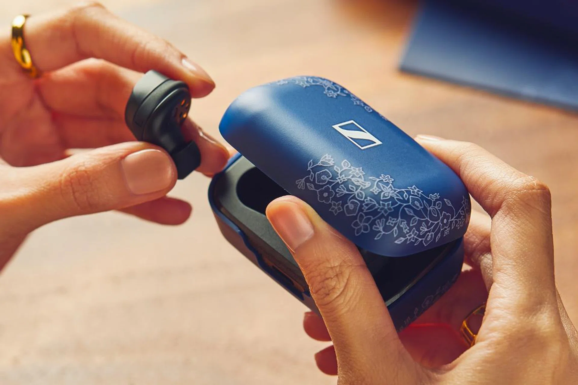 The limited edition Sennheiser Momentum True Wireless 3 with the batik print case. (Image source: Sennheiser)