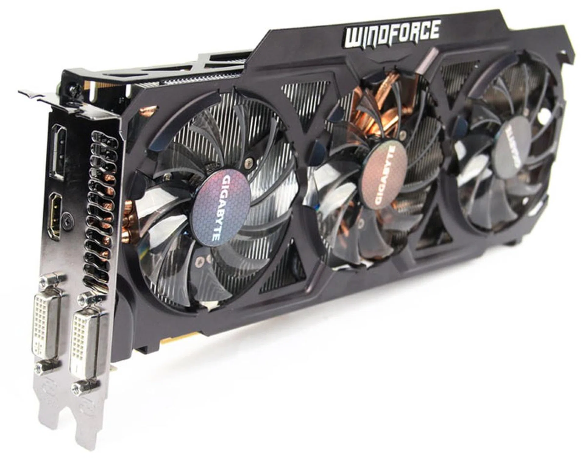The card sports a custom triple fan cooler comprising of three 80mm fans mounted onto a skeletonized fanshroud, and a full aluminum fin-stack that covers the voltage regulator and memory area, all connected to two 8mm and four 6mm thick heat pipes.  