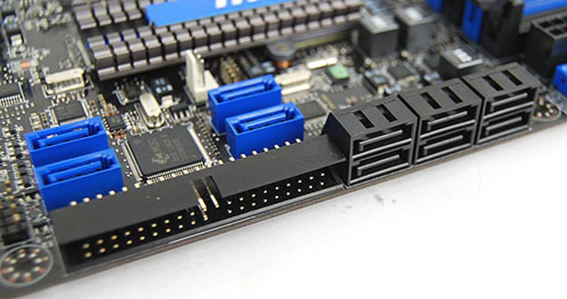 Ten SATA ports, unfortunately none of them using the latest SATA 6Gbit/s standard. There's still an IDE connector for those with older optical drives and hard disks.
