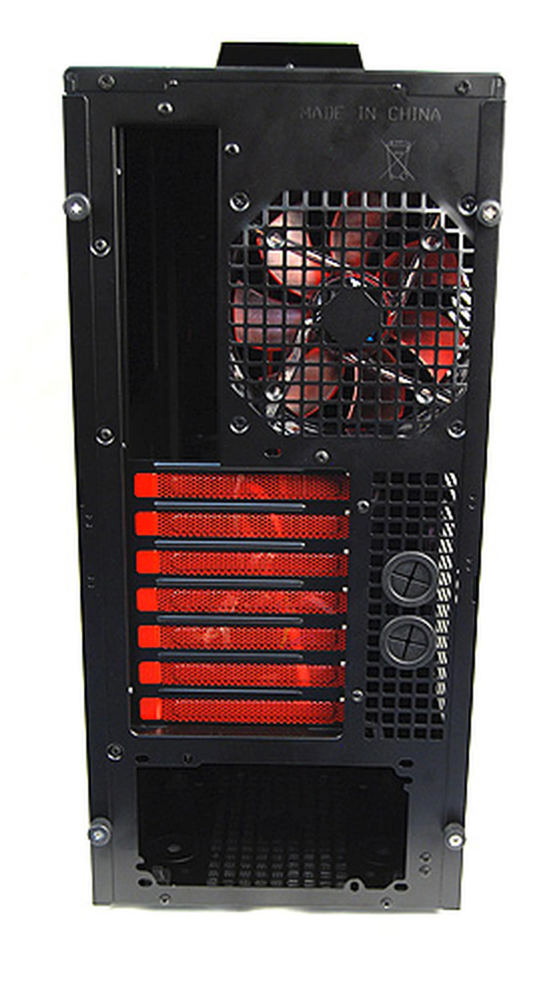 The rear of the Colossus is rather typical, with its power supply housing designed at the base to add more stability and for optimal cooling. There are also four grommets at the top for water cooling kits and their pipes.