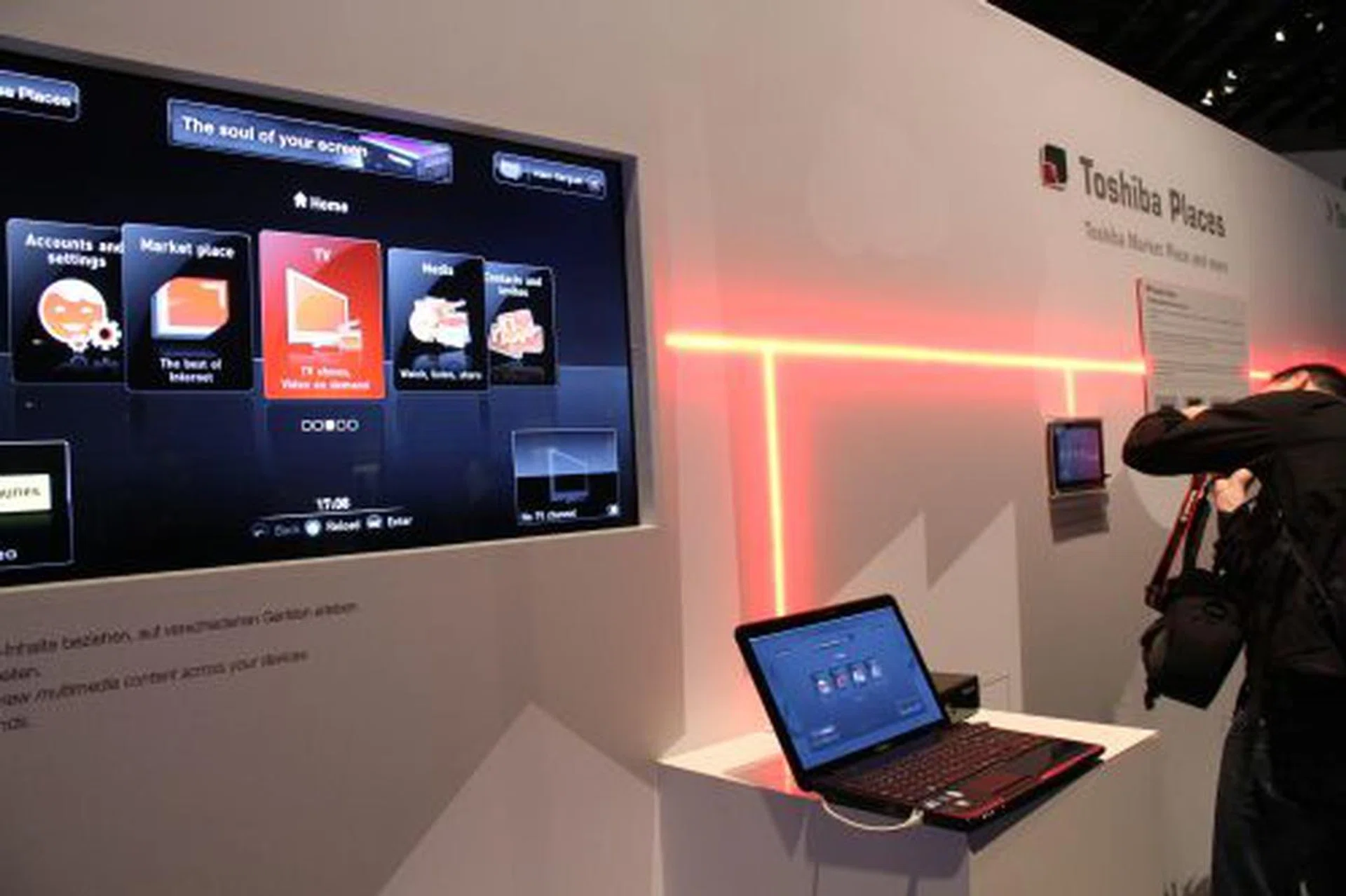 Toshiba has announced Toshiba Places, a music and download service that is capable of working across different Toshiba devices, seen here on its TV, notebook and the new Folio 100 (far right), an NVIDIA Tegra 2-based, Android-operated 10.1-inch WSVGA tablet device.